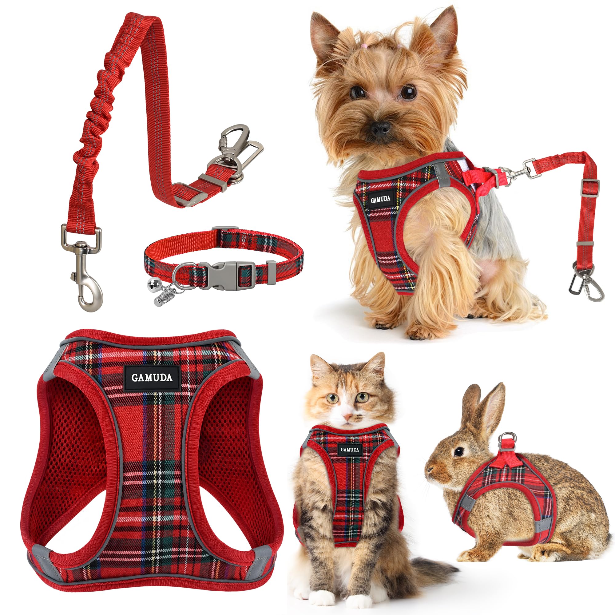 GAMUDA Dog Harness, Collar and Seat Belt Set, Vehicle Safety Harness, Retractable Adjustable Pet Seatbelts with Travel Strap and