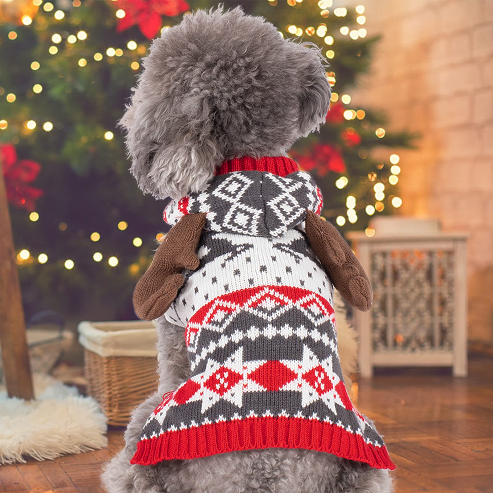 Kyeese Christmas Dog Sweater Hoodie Reindeer Red Dogs Knitwear Pullover Pet Sweater With Leash Hole Ugly Christmas Dog Sweater For Small Dogs