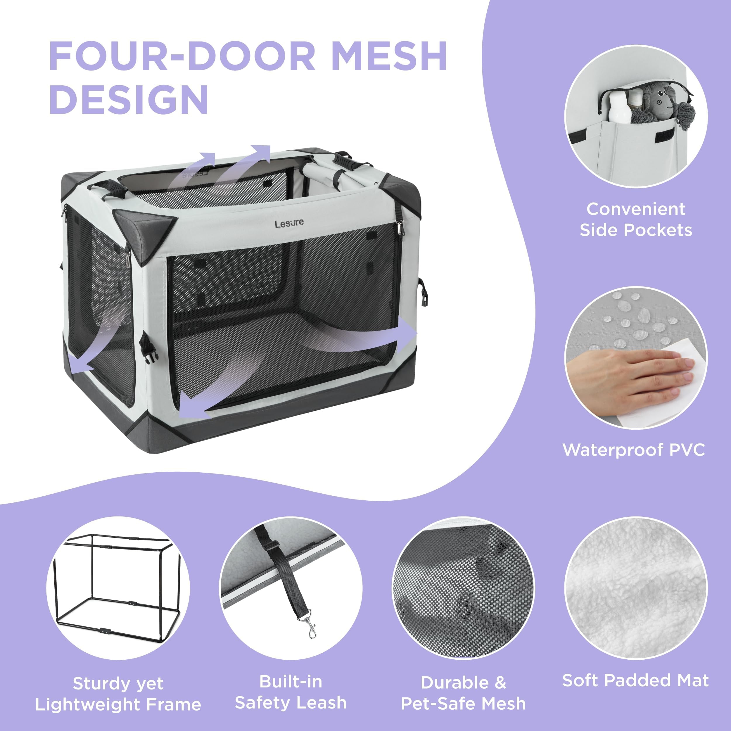 Lesure Collapsible Dog Crate - Portable Travel Kennel For Extra Large Dog, 4-Door Pet Crate With Durable Mesh Windows, Indoor &