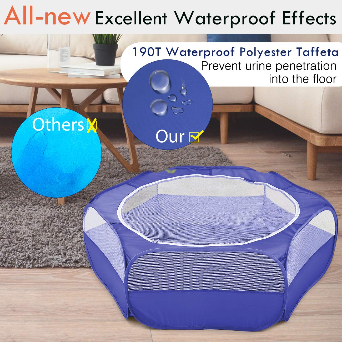 Pawaboo Small Animals Playpen, Waterproof Small Pet Cage Tent With Zippered Cover, Portable Outdoor Yard Fence With 3 Metal Rod For Kitten/Puppy/Guinea Pig/Rabbits/Hamster/Chinchillas, Indigo