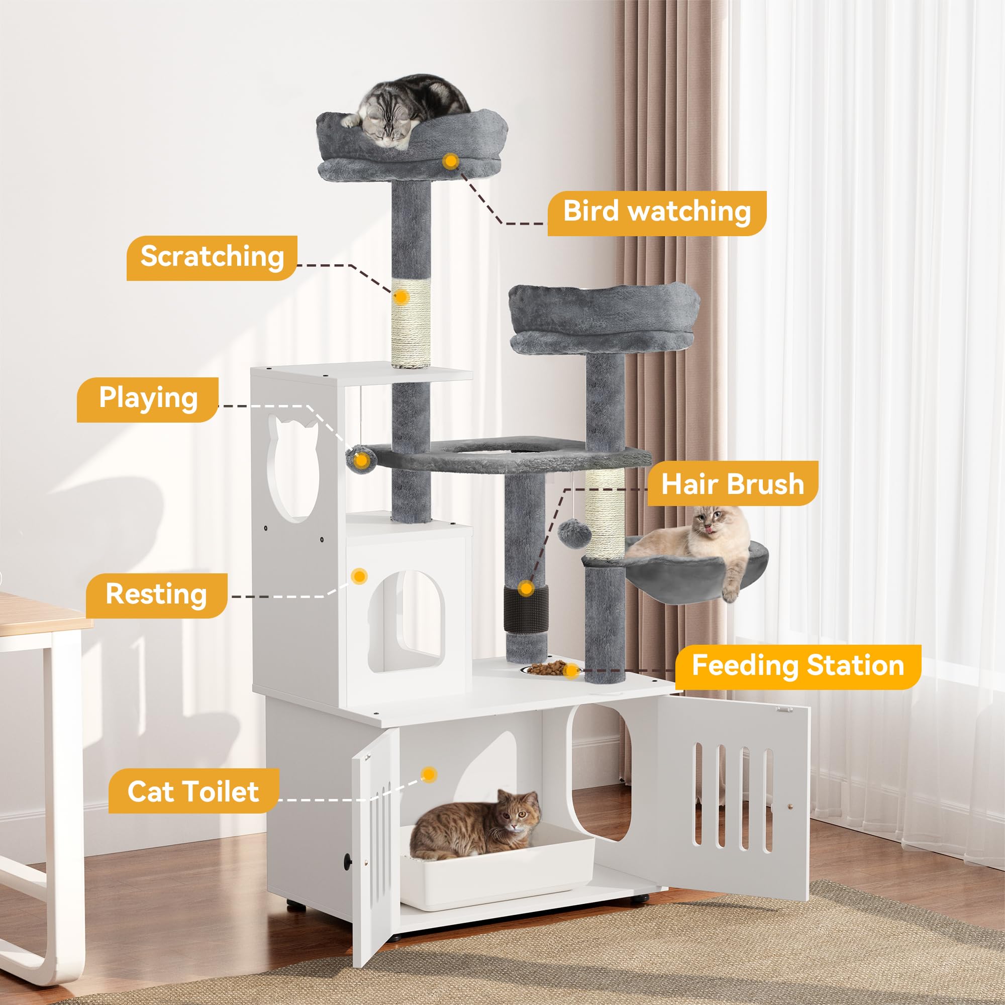 Yitahome Cat Tree With Litter Box Enclosure, 2-In-1 Cat Furniture, Modern Cat Condo, Indoor Cat Tower With Wood House, Perch, Fo