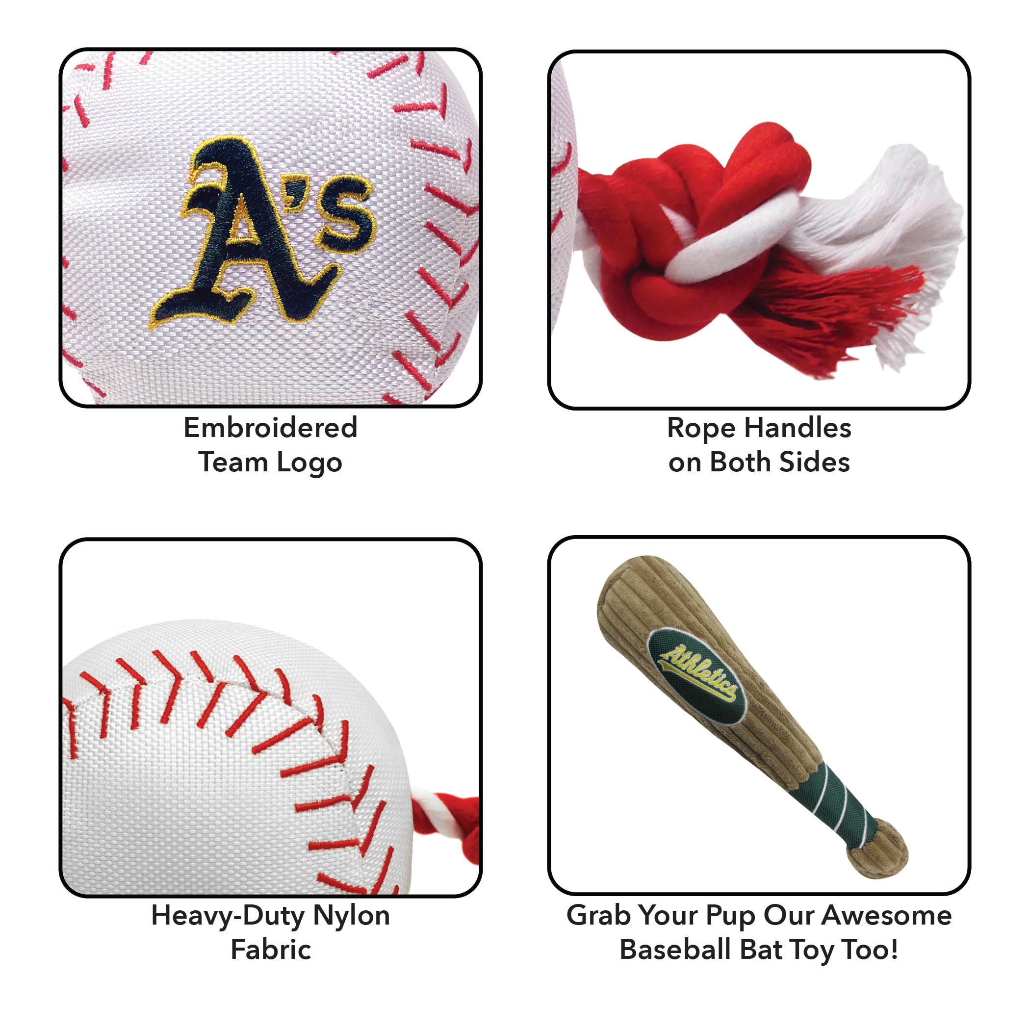 Mlb Oakland Athletics Baseball Rope Toy For Dogs & Cats. Tough Nylon, Sporty Baseball Design, Heavy-Duty Ropes With Inner Squeak