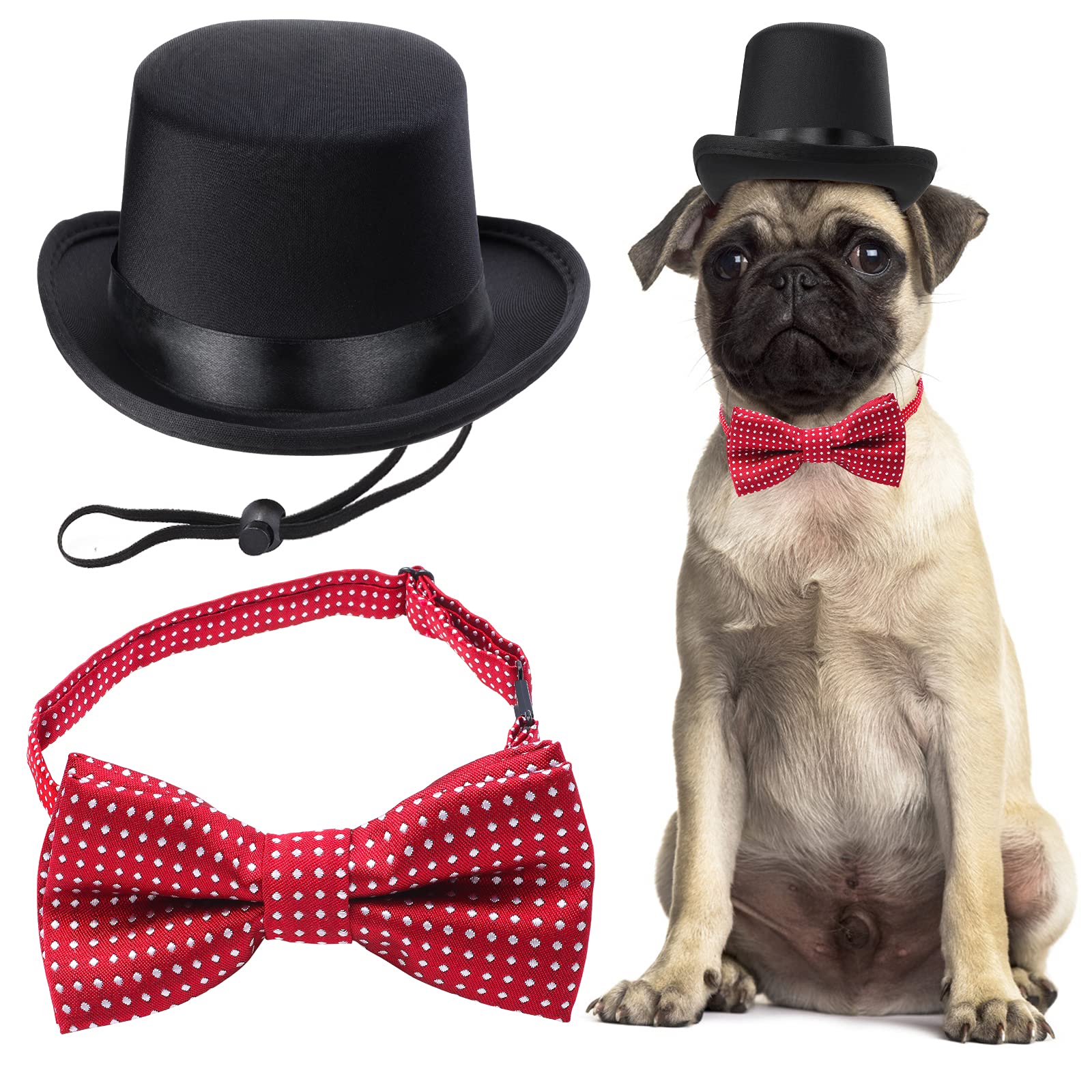 Yewong 2 Pieces Pet Formal Accessories Set - Pet Top Hat With Pet Formal Necktie/Bowtie Birthday Party Gradation Halloween Costumes Accessories For Dog Cat (Red-B) One Size
