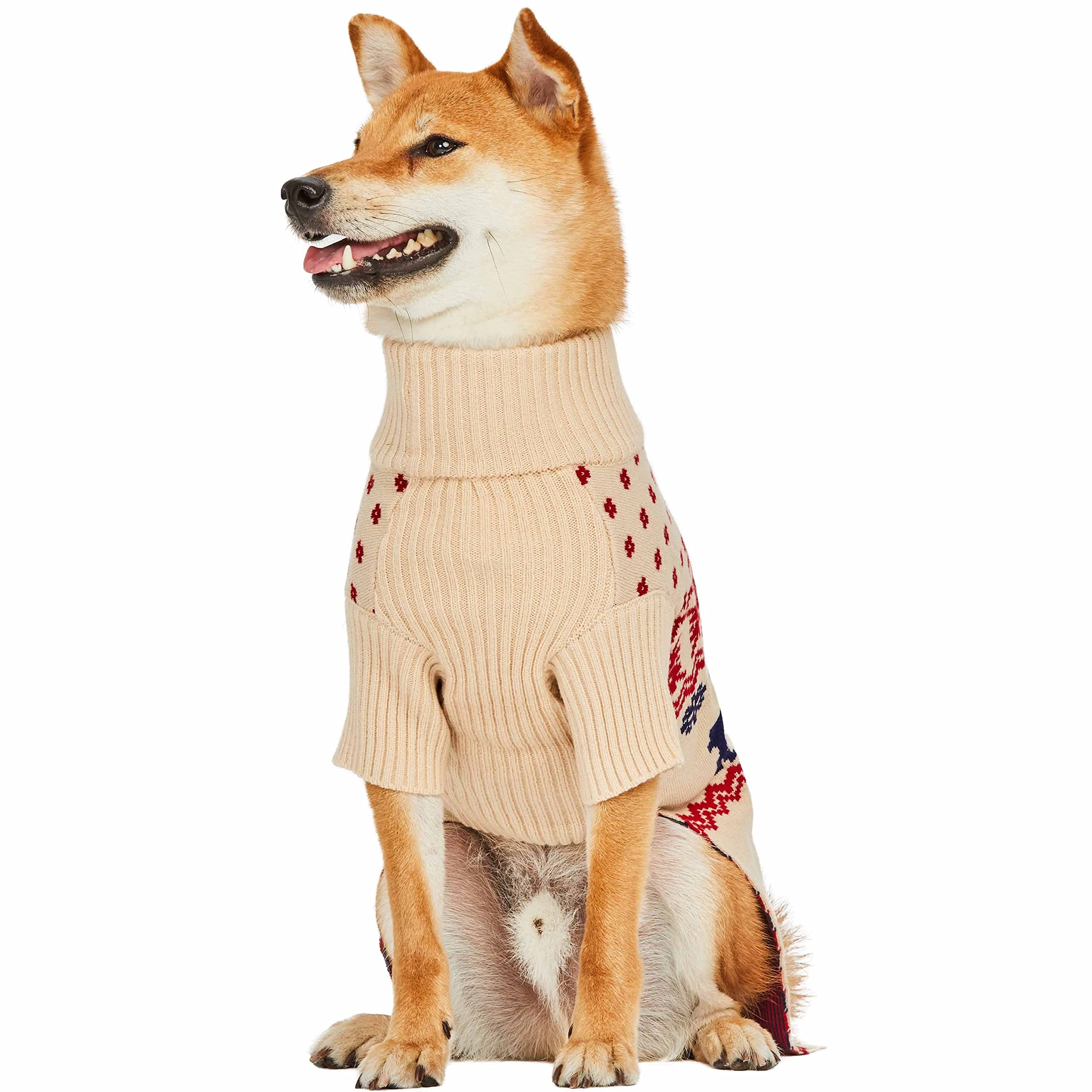 Blueberry Pet Christmas Reindeer And Snowflake Dog Sweater In Light Beige, Back Length 16', Pack Of 1 Clothes For Dogs