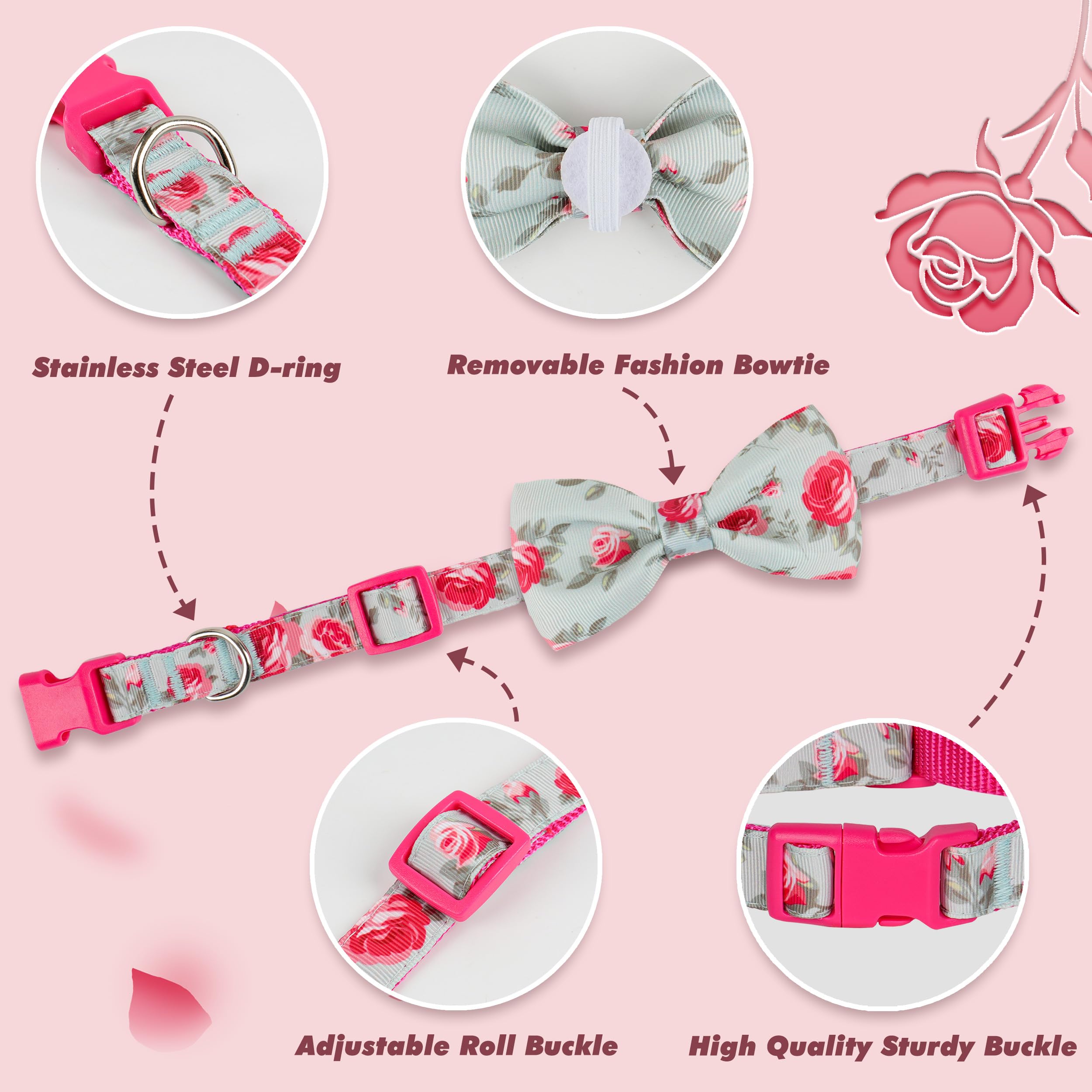 Azuza Dog Collar With Bow Tie, Soft And Comfortable Adjustable Bowtie Dog Collar For Large Dogs (L, Camellia Flower)