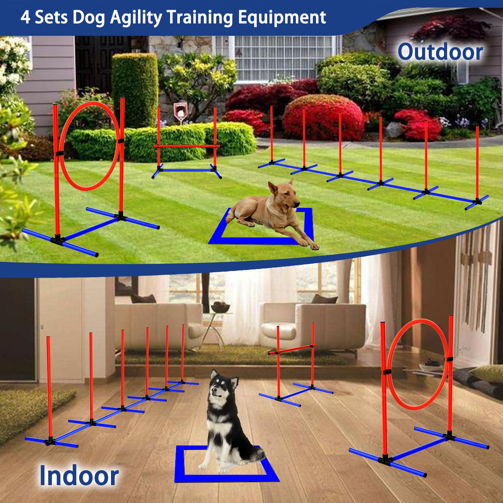 Ahailuoo 4 Sets Pets Agility Training Equipment, Adjustable Dog Hoop, Dog Jump, Weave Poles And Pause Box,With Independent Packa