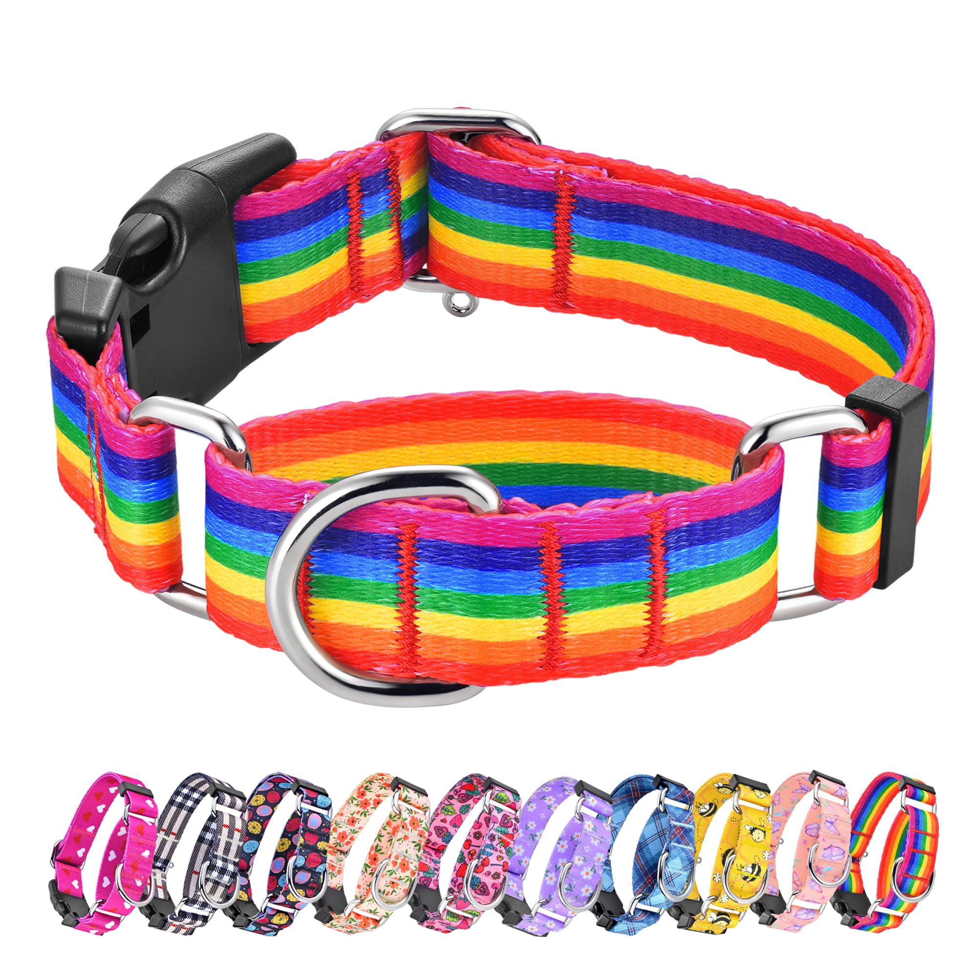 Hikiko Martingale Collar For Dogs Adjustable Soft Nylon Dog Collars With Cute Patterns For Small Medium Large Dog(Rainbow,Large)