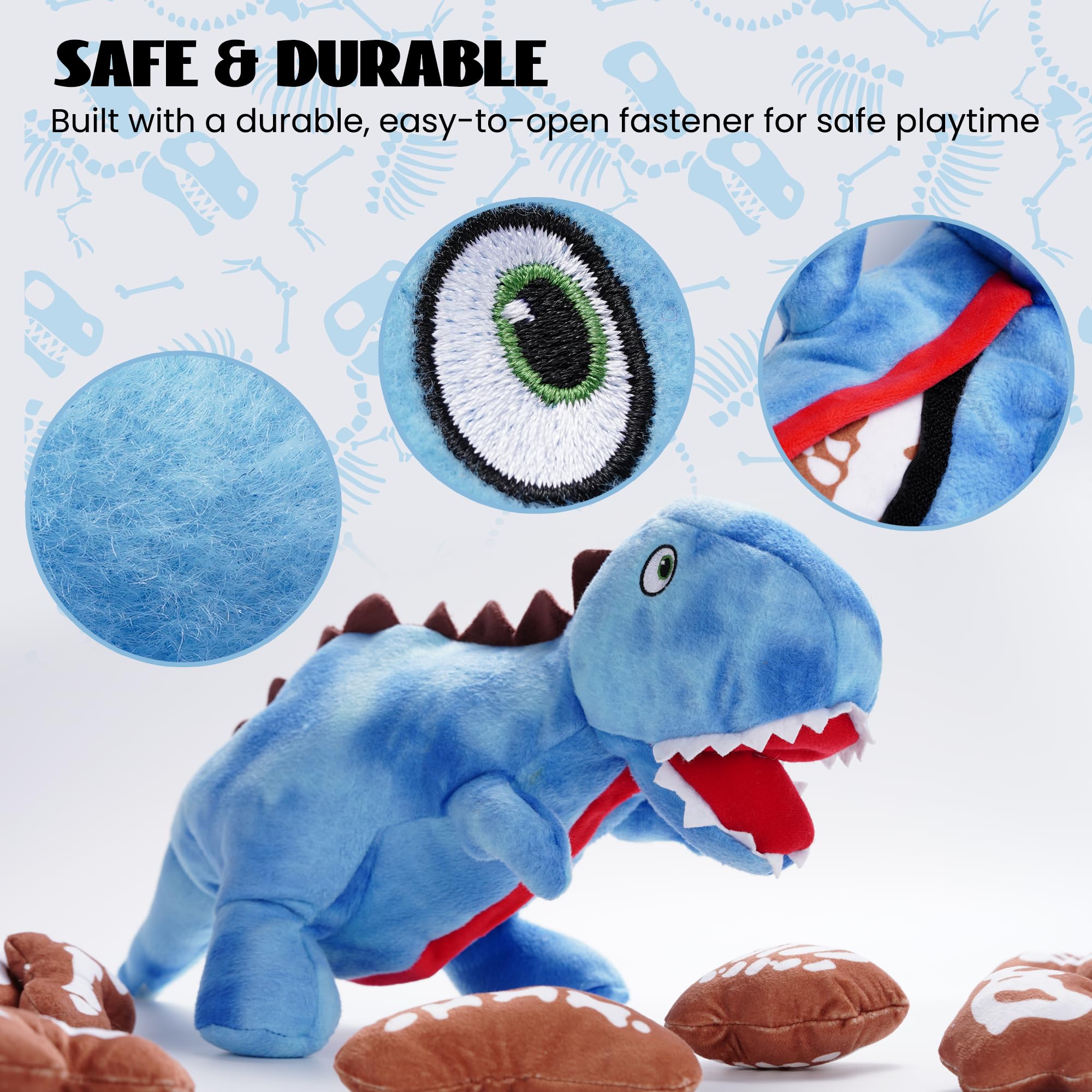 Nocciola Plush Dinosaur Dog Toy - Squeaky Chew Toy for Small/Medium Breeds, 9 Packs, Blue, Model DT-DINO9