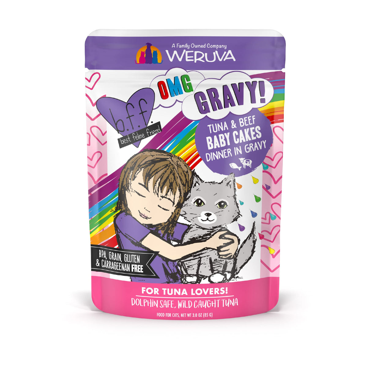 Weruva B.F.Omg - Best Feline Friend Oh My Gravy!, Tuna & Beef Baby Cakes With Tuna & Beef In Gravy Cat Food, 3Oz Pouch (Pack Of 12), Purple (0152)