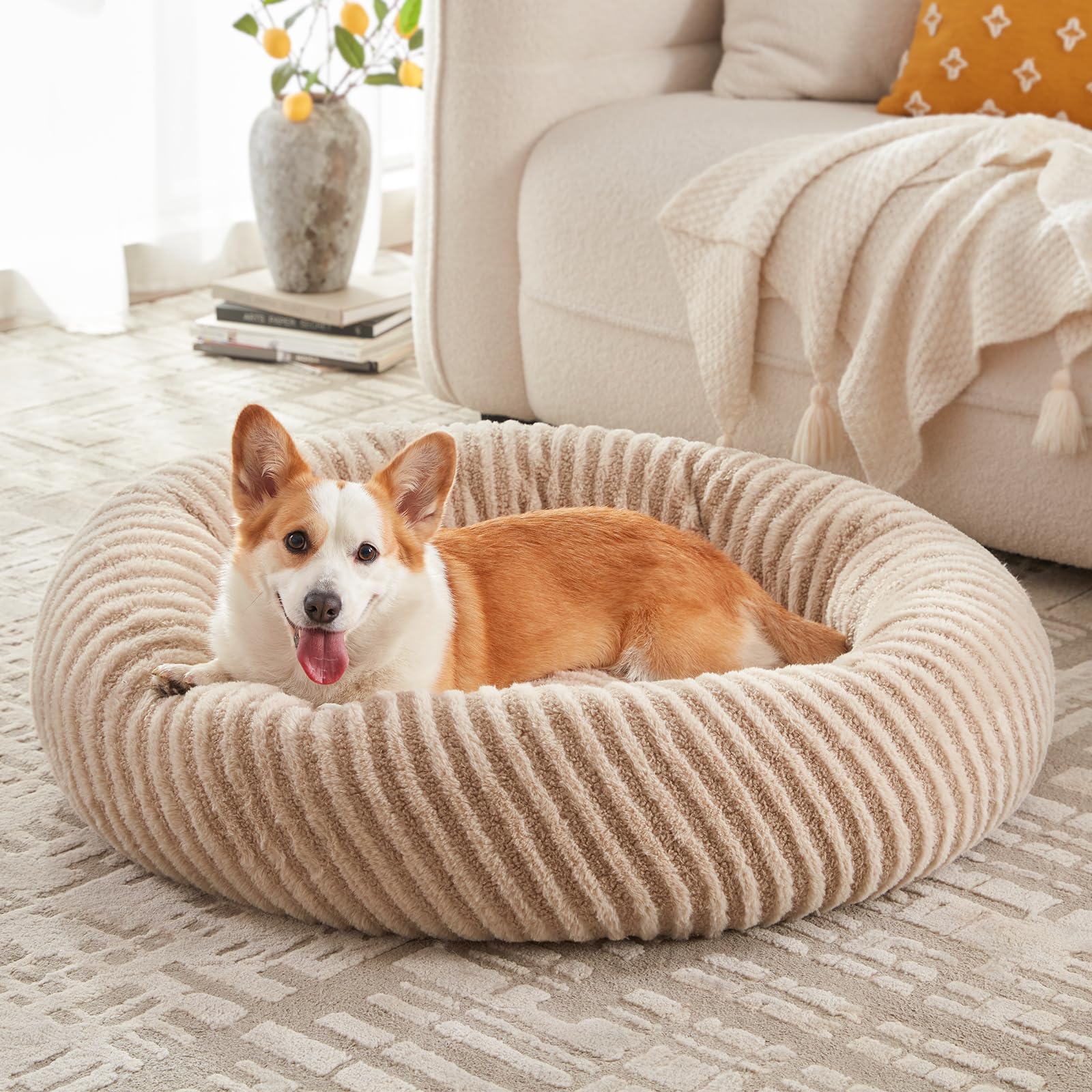 MIXJOY Dog Beds Large Sized Dogs, Washable Dogs Bed with Removable Cover, Cozy Donut Dog Ded Fluffy Plush Faux Fur Pet Bed with 