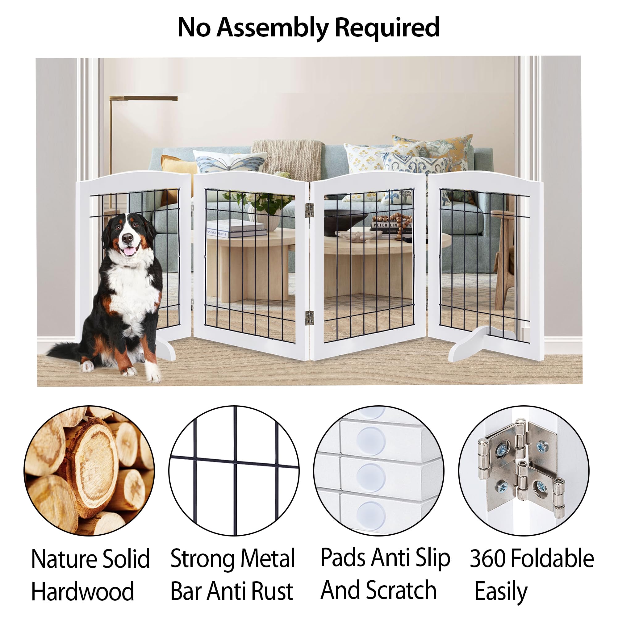 LZRS Wooden Dog Gate - 30" Tall Foldable Pet Barrier, Extra Wide 4 Panels, Chew-Resistant, White