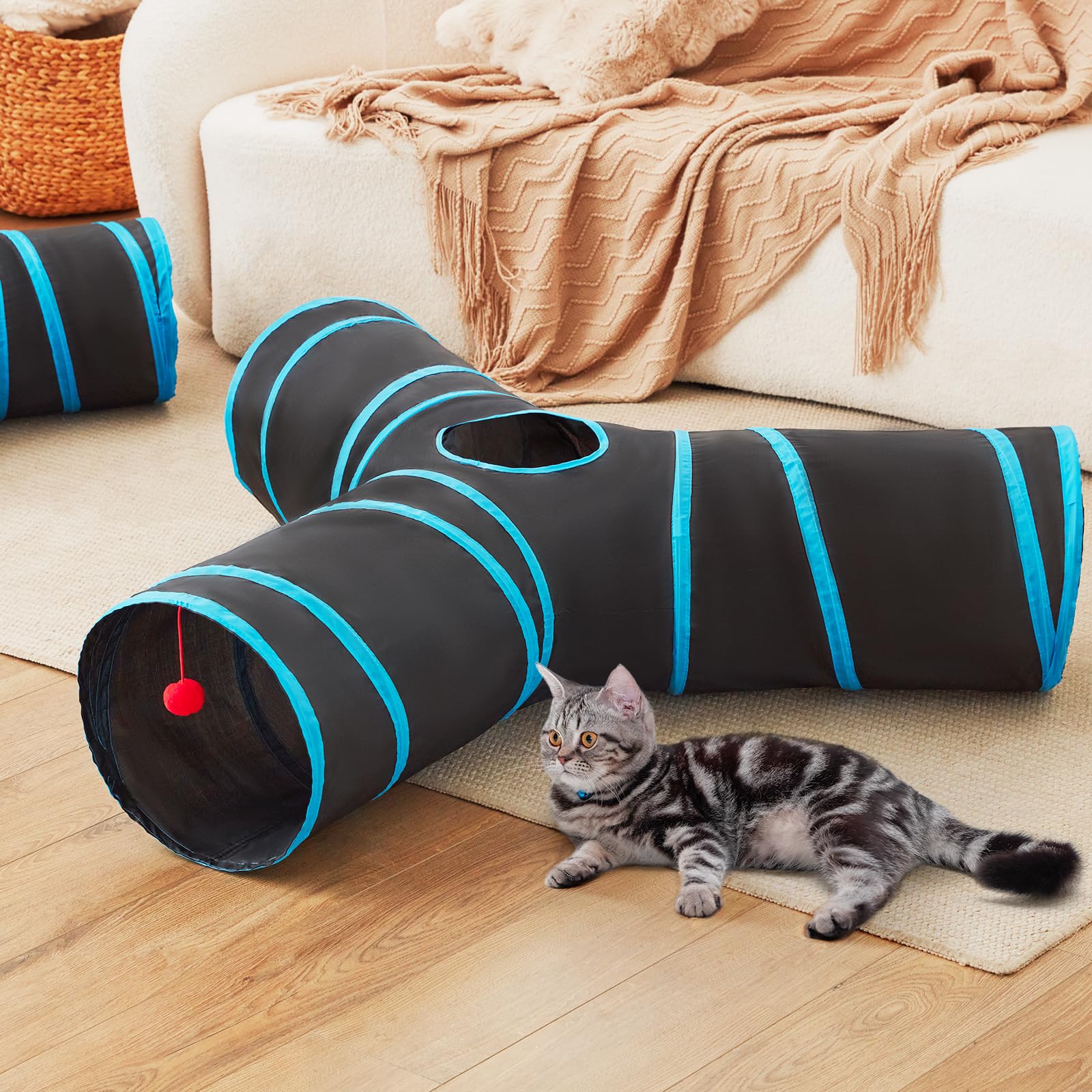 Tempcore Pet Cat Tunnel Tube Cat Toys 3 Way Collapsible, Cat Tunnels For Indoor Cats，Kitty Tunnel Bored Cat Pet Toys Peek Hole Toy Ball Cat, Puppy, Kitty, Kitten, Rabbit Blue Large Size