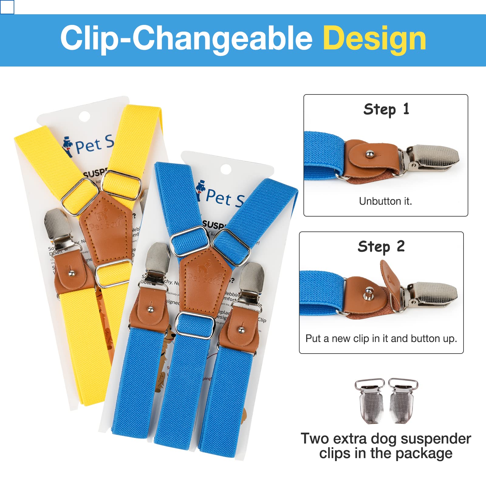 Pet Soft Dog Suspenders 2 Pieces Female Dog Diaper Suspenders For Dogs Diaper Keeper Suspender For Dog Skirt, Dog Dress(Gold & Blue, S/M)