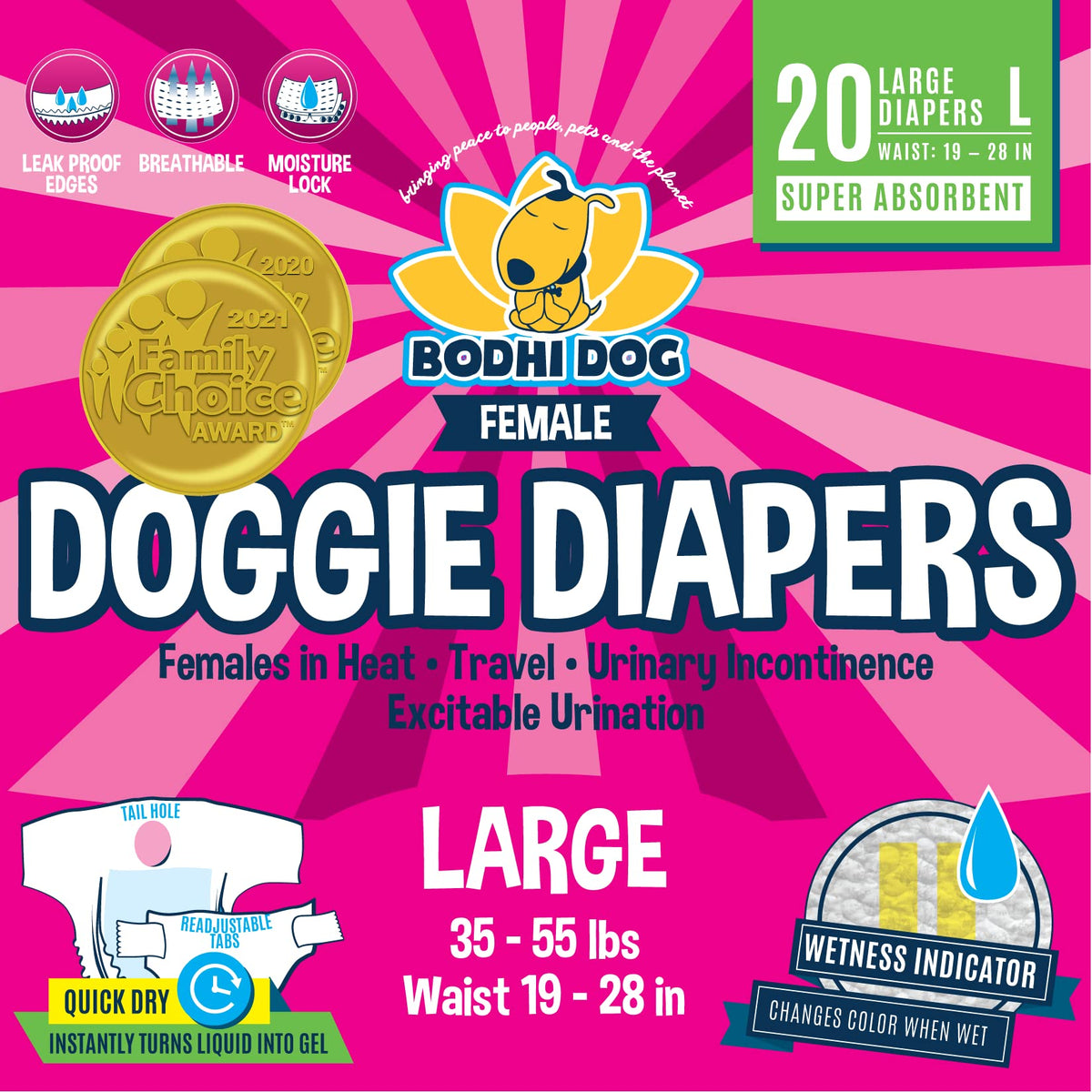 Disposable Dog Female Diapers | 20 Premium Quality Adjustable Pet Wraps With Moisture Control & Wetness Indicator | 20 Count Large Size