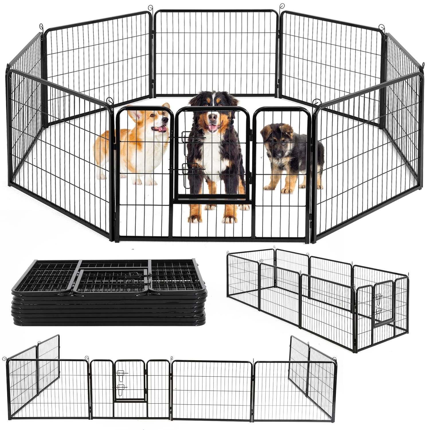 BestPet Dog Playpen Pet Dog Fence 24/ 32 /40 Height 8/16/24/32 Panels Metal Dog Pen Outdoor Exercise Pen with Doors for Large/Me