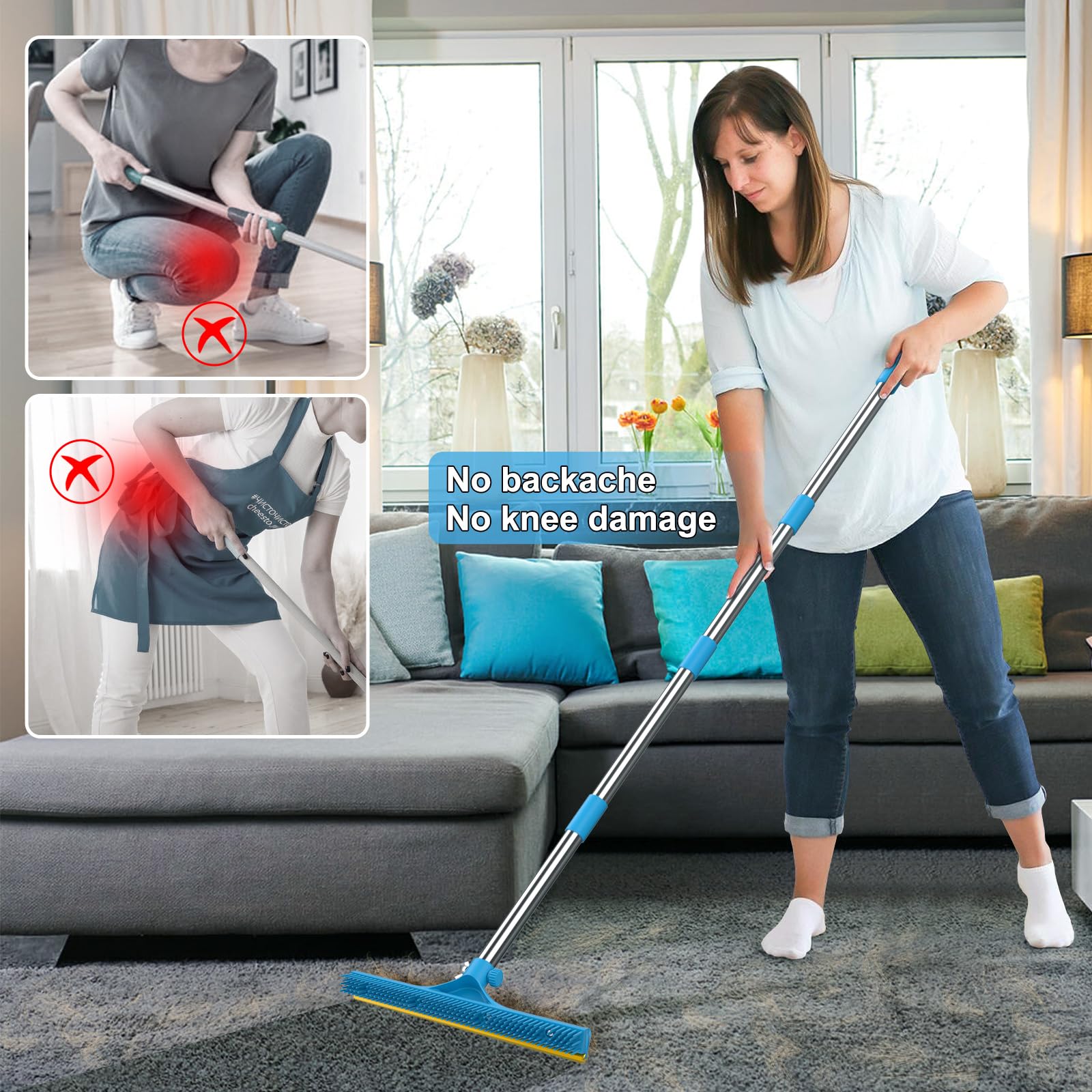 3 in 1 Carpet Rake for Pet Hair Removal, Reusable Pet Hair Remover Broom, 60   Adjustable Long Handle Dog and Cat Hair Remover