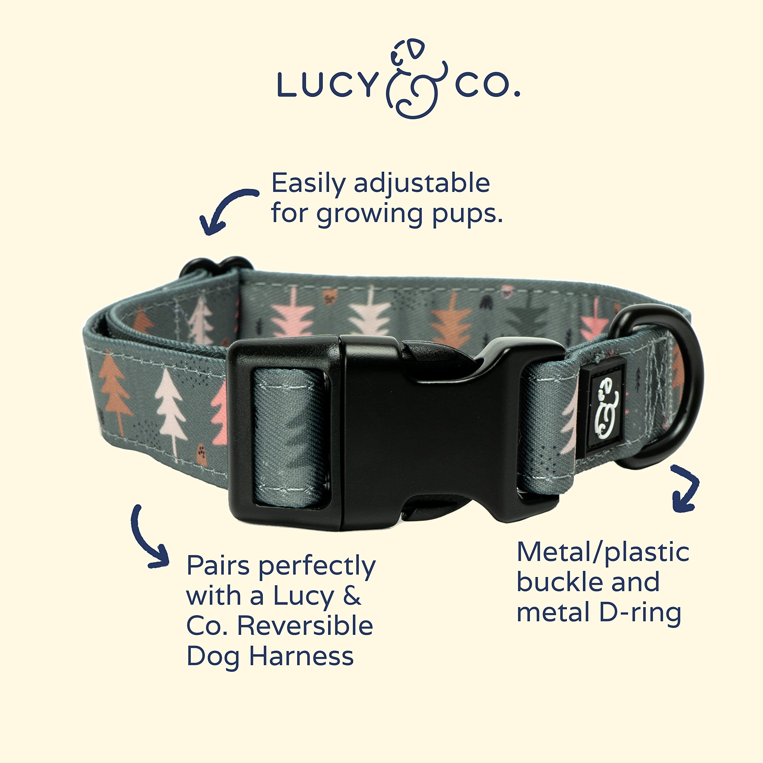 Lucy & Co. Take A Hike Dog Collar - Durable Lightweight Designer Collar For Pets - Adjustable Metal Safety Buckle - Green Trees