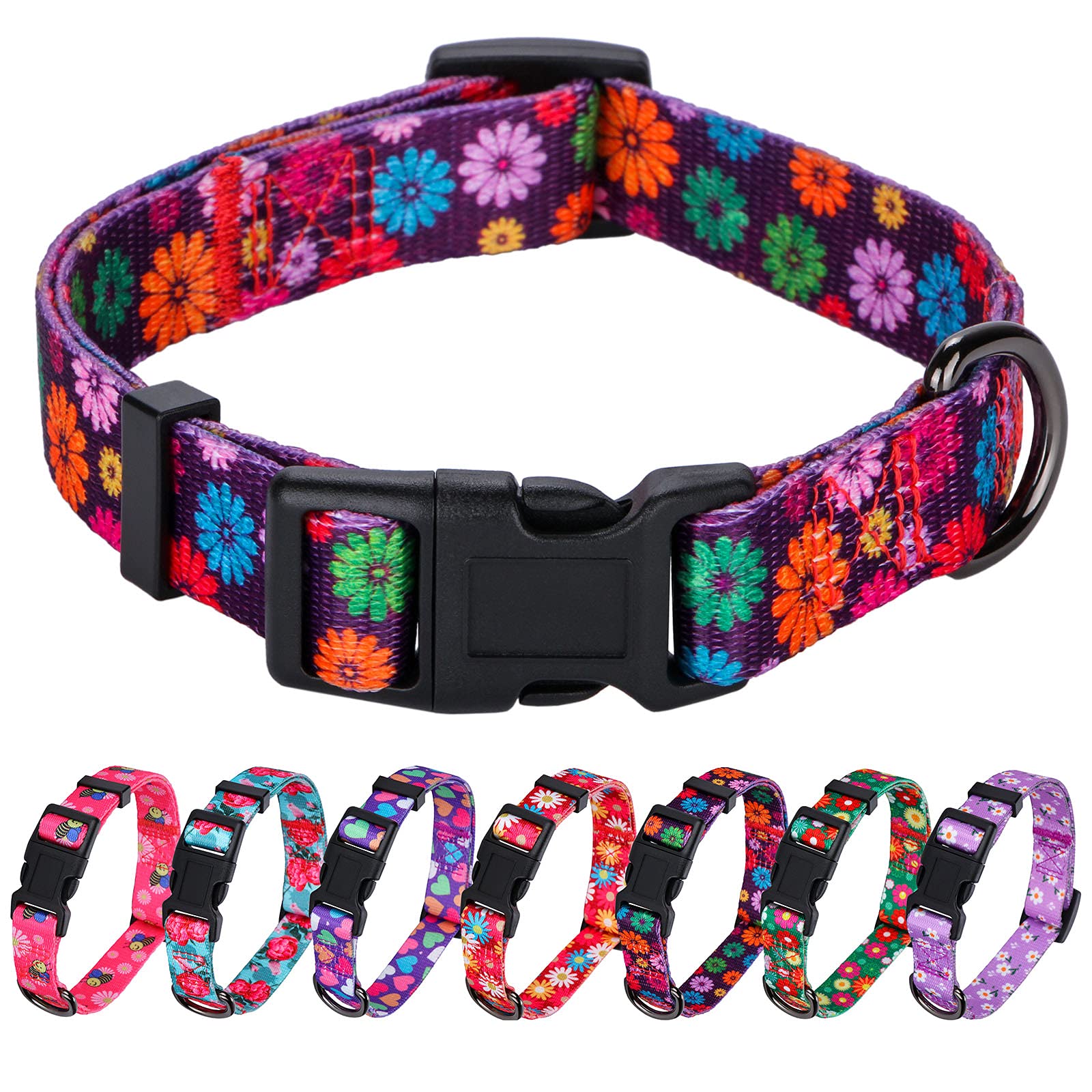 Rhea Rose Girl Dog Collars Fall Daisy Pattern, Colorful Flowers Print, Female Collar, Dark Purple, Large