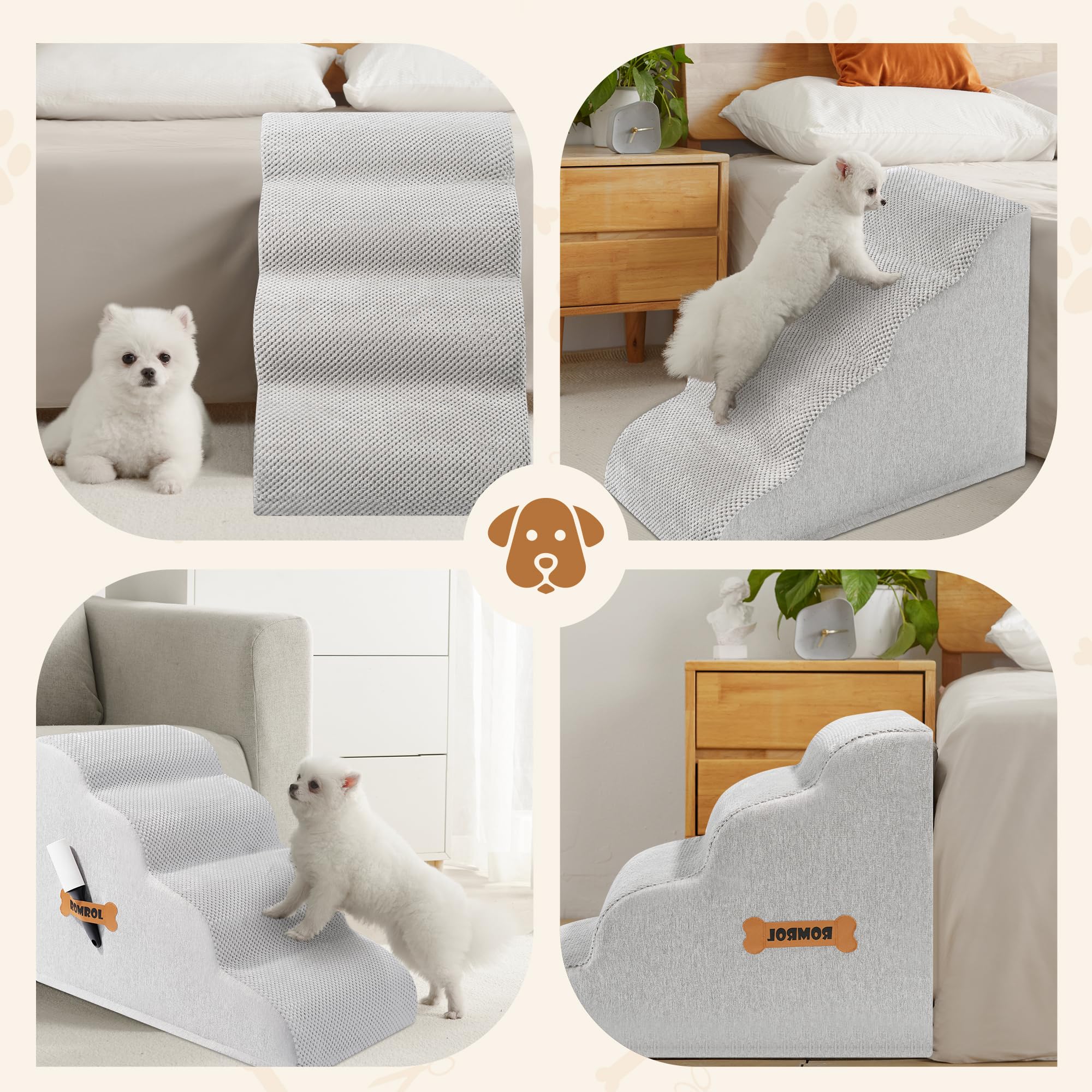 Romrol Dog Stairs Ramp For Beds Couches, Extra Wide Pet Steps With Durable Non-Slip Waterproof Fabric Cover, Dog Slope Stairs Fo