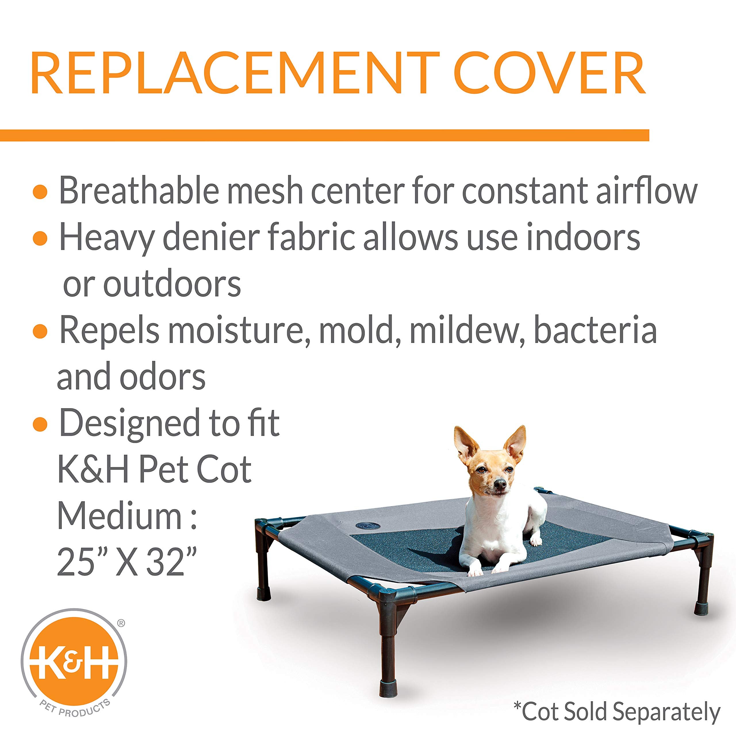 K&H Pet Products Elevated Cooling Outdoor Dog Bed Portable Raised Dog Cot Replacement Cover Only Gray/Black Mesh Medium 32 X 25 Inches (Cot Not Included)