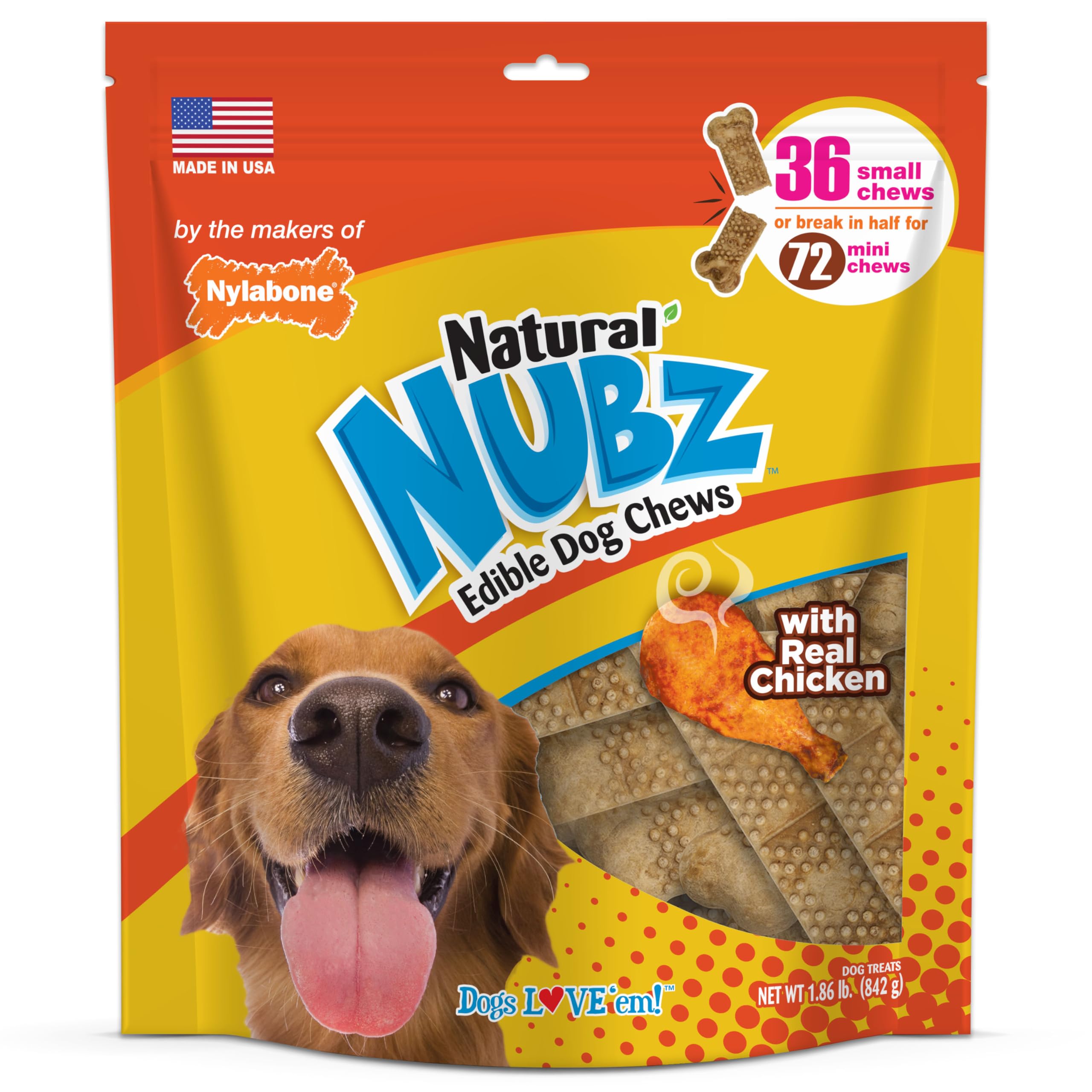 Nylabone Nubz Natural Edible Chew Treats for Dogs, Long Lasting Chews Made in USA, Chicken Flavor, Small - Up to 25 lbs. (36 Cou