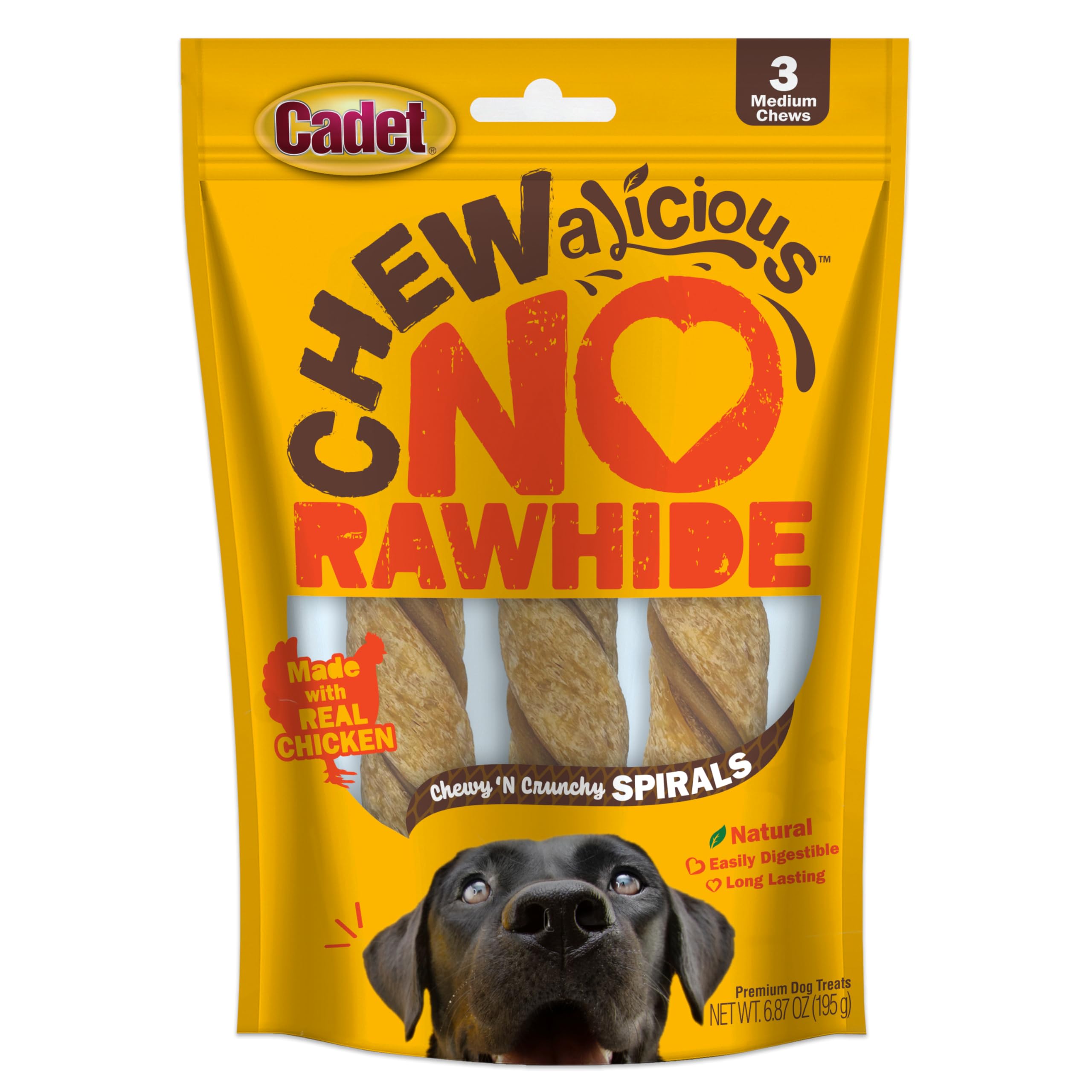 Cadet Chewalicious Chewy N Crunchy Spiral Dog Treats, Limited Ingredient, Rawhide-Free, Long-Lasting Chews for Dogs Made with R