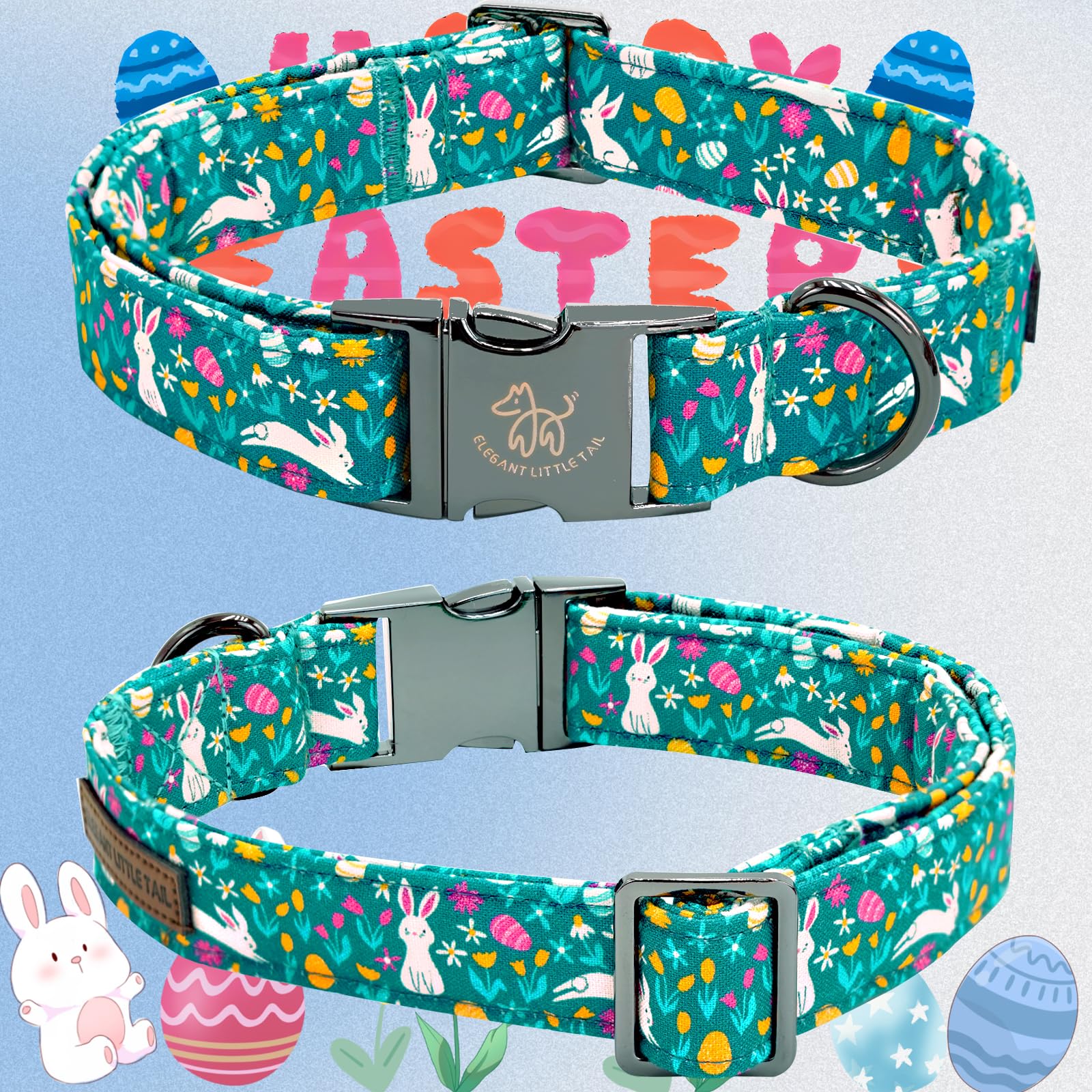Elegant Little Tail Bunny Print Dog Collar, Adjustable, Durable Cotton, Unique Flower Decoration, Fits Dogs 16-26 Inches, Large,