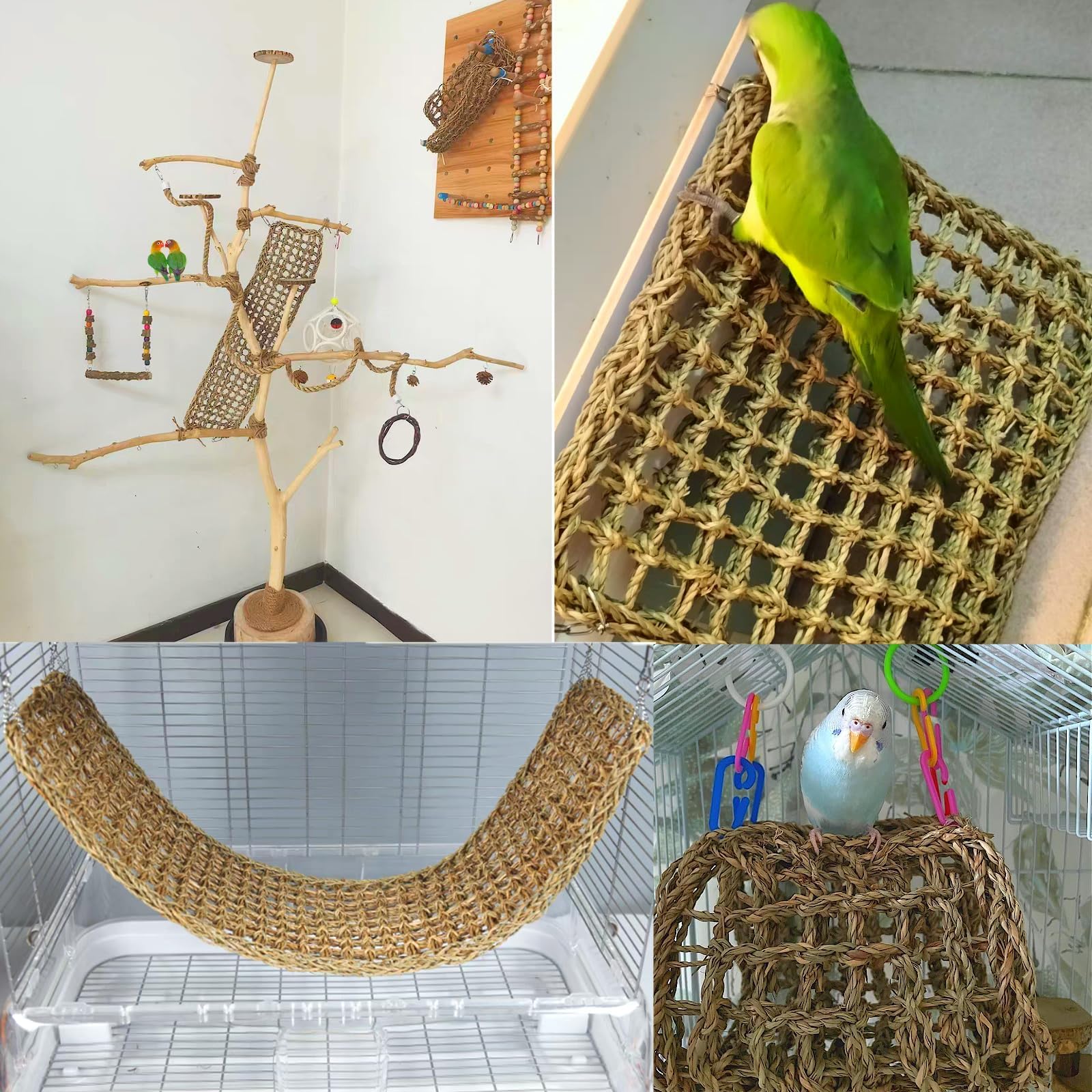 2Pcs Bird Seagrass Mat 29.5  7'' Natural Grass Woven Net Hammock With Hooks Climbing Rope Ladder Chew Toys Hanging On Parrot Cag