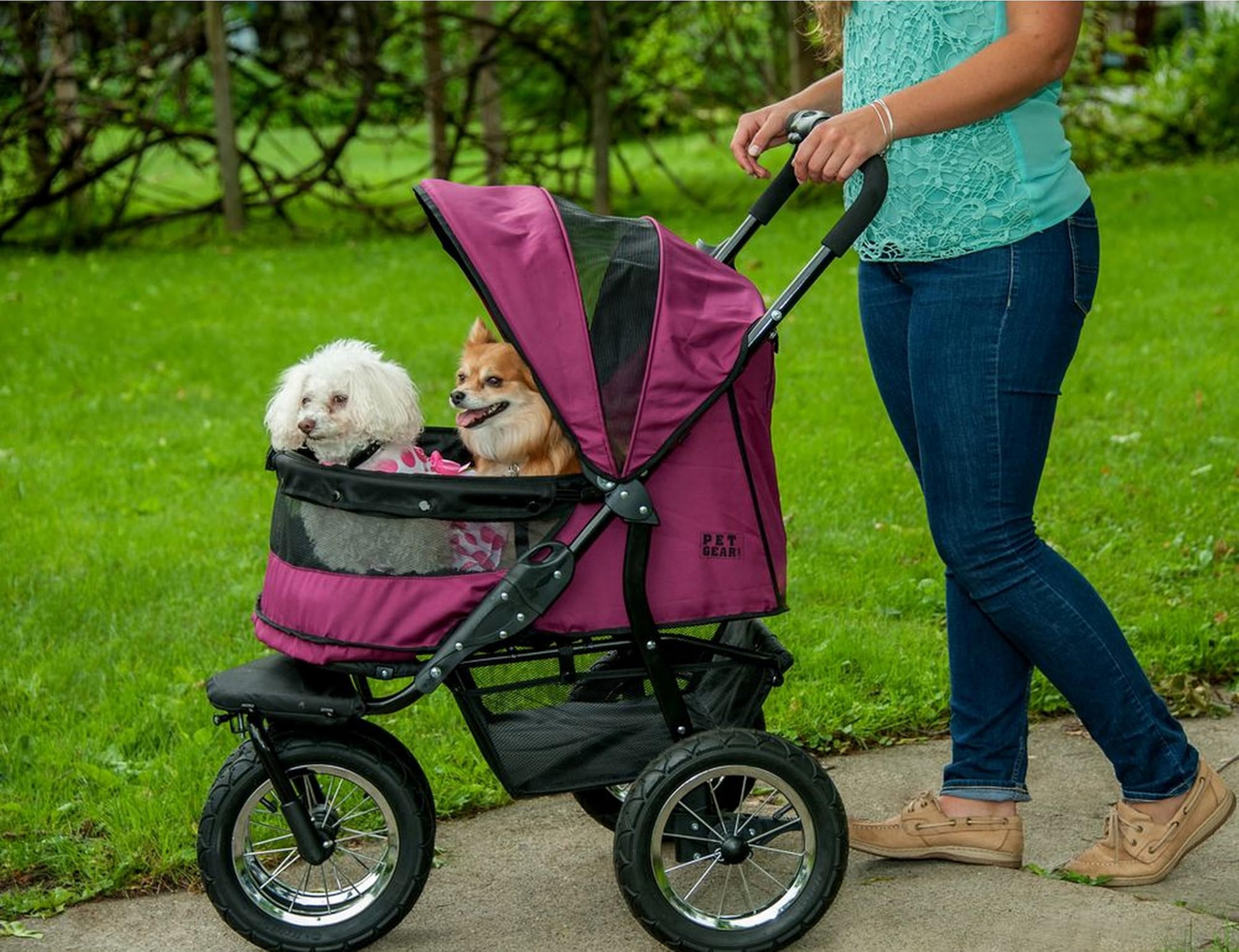 Pet Gear No-Zip Double Pet Stroller, Zipperless Entry, For Single Or Multiple Dogs/Cats, Plush Pad + Weather Cover Included, Lar