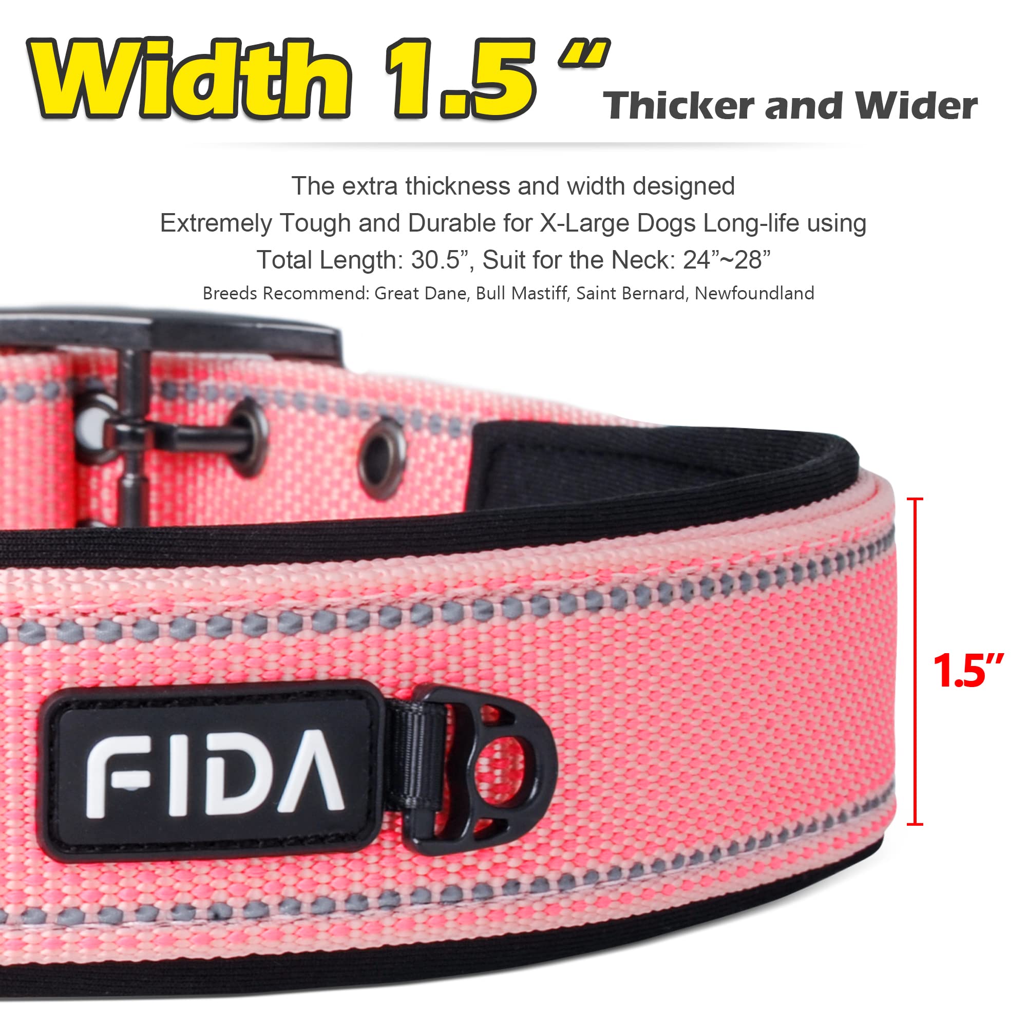Fida Heavy Duty Dog Collar 1.5” Width, Ultra Soft Neoprene Padded, Adjustable Reflective Nylon Pet Collar With Two Metal Pin Belt Buckle For Large/X-Large Breeds (Xl, Pink)