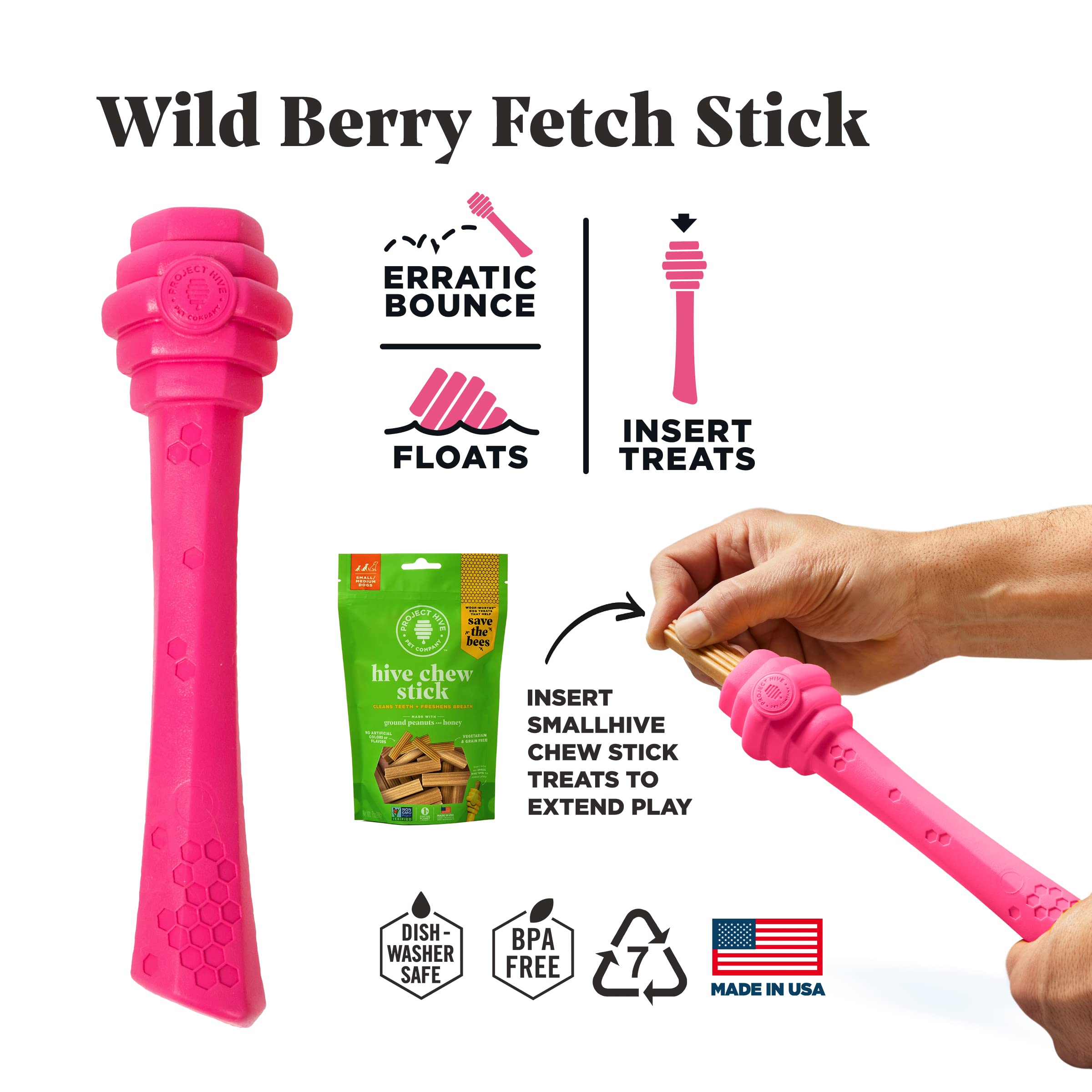 Project Hive ·Pet Company· - Wild Berry Scented - Hive Dog Fetch Stick For Large Breeds - Dog Stick Toy - Floats In Water - Treat Dispenser Toy - Durable And Tough - Made In The Usa