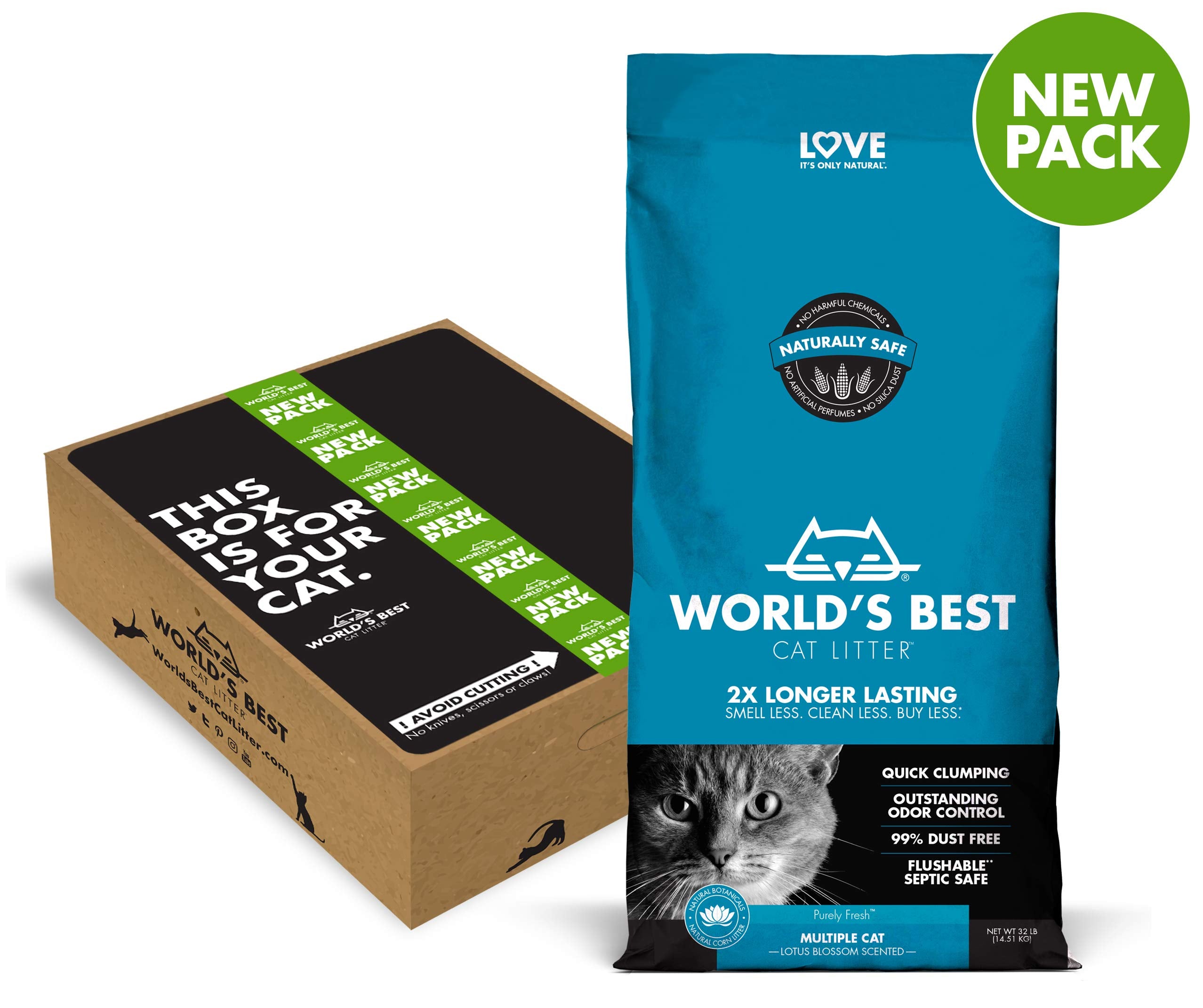 World'S Best Cat Litter Multiple Cat Lotus Blossom Scented 32-Pounds - Natural Ingredients, Quick Clumping, Flushable, 99% Dust Free & Made In Usa - Floral Fragrance & Long-Lasting Odor Control