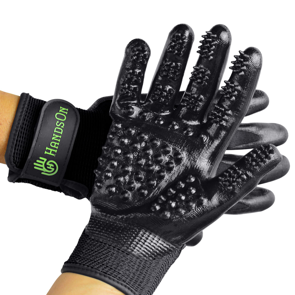 H Handson Pet Grooming Gloves - Patented #1 Ranked, Award Winning Shedding, Bathing, & Hair Remover Gloves - Gentle Brush For Cats, Dogs, And Horses (Black, Junior)