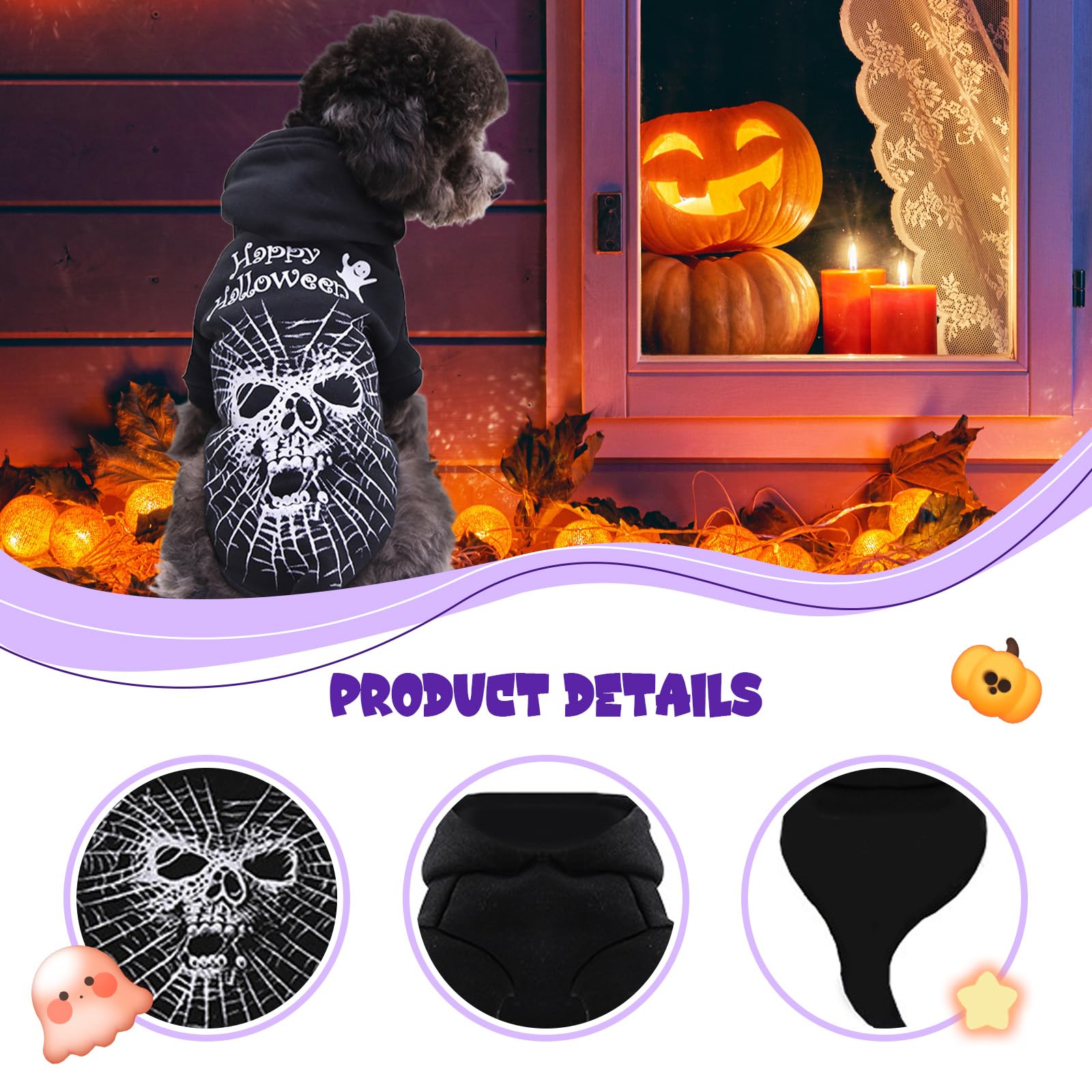 Vavious Cute Spider Skull Dog Sweatshirt Hooded Ghost Face Halloween Party Hoodie For Puppy Dog Costume - Black Small