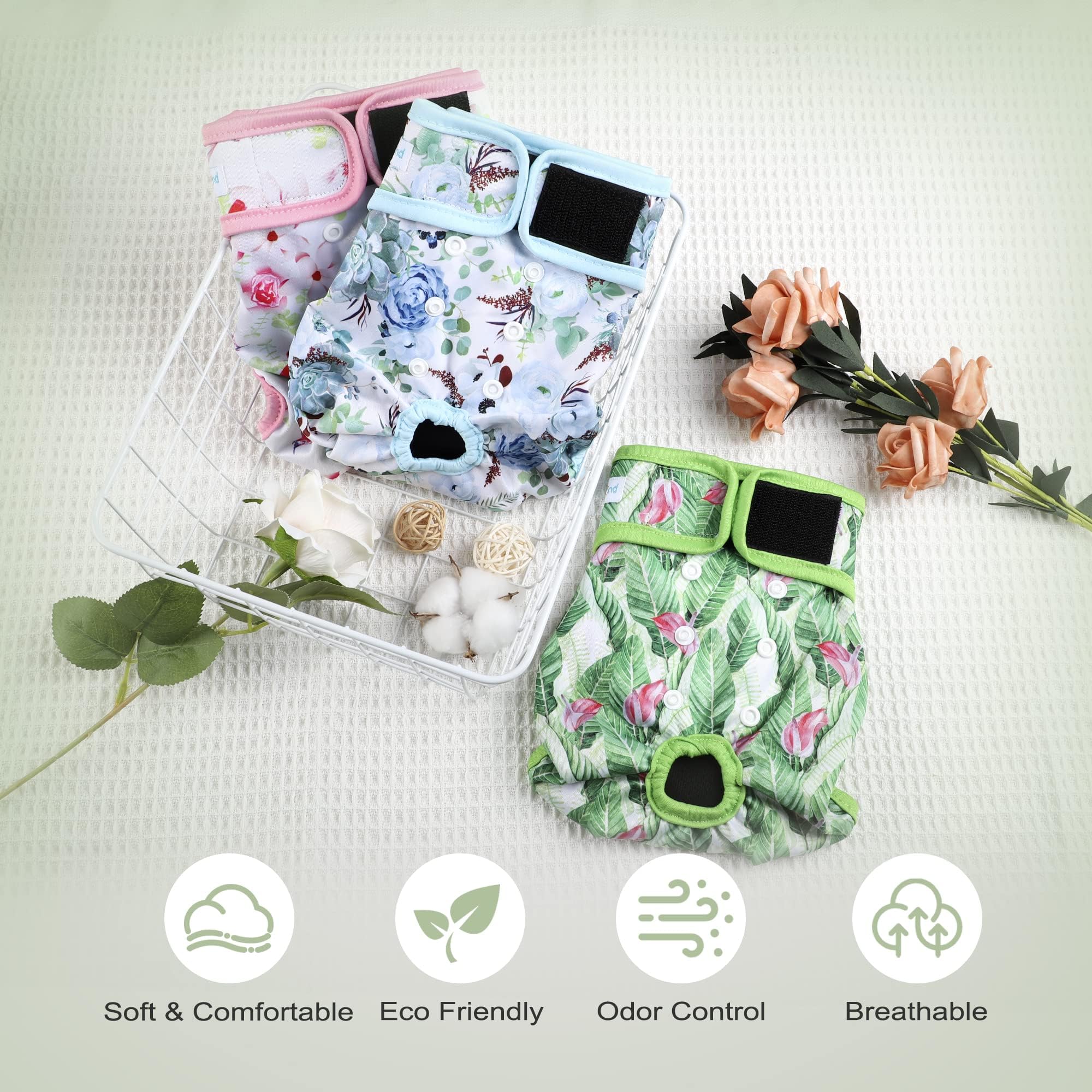 Paw Legend Washable Reusable Female Dog Period Diapers For Heat Doggie Puppy Diapers For Female Dogs (3 Pack, Flower, Medium)