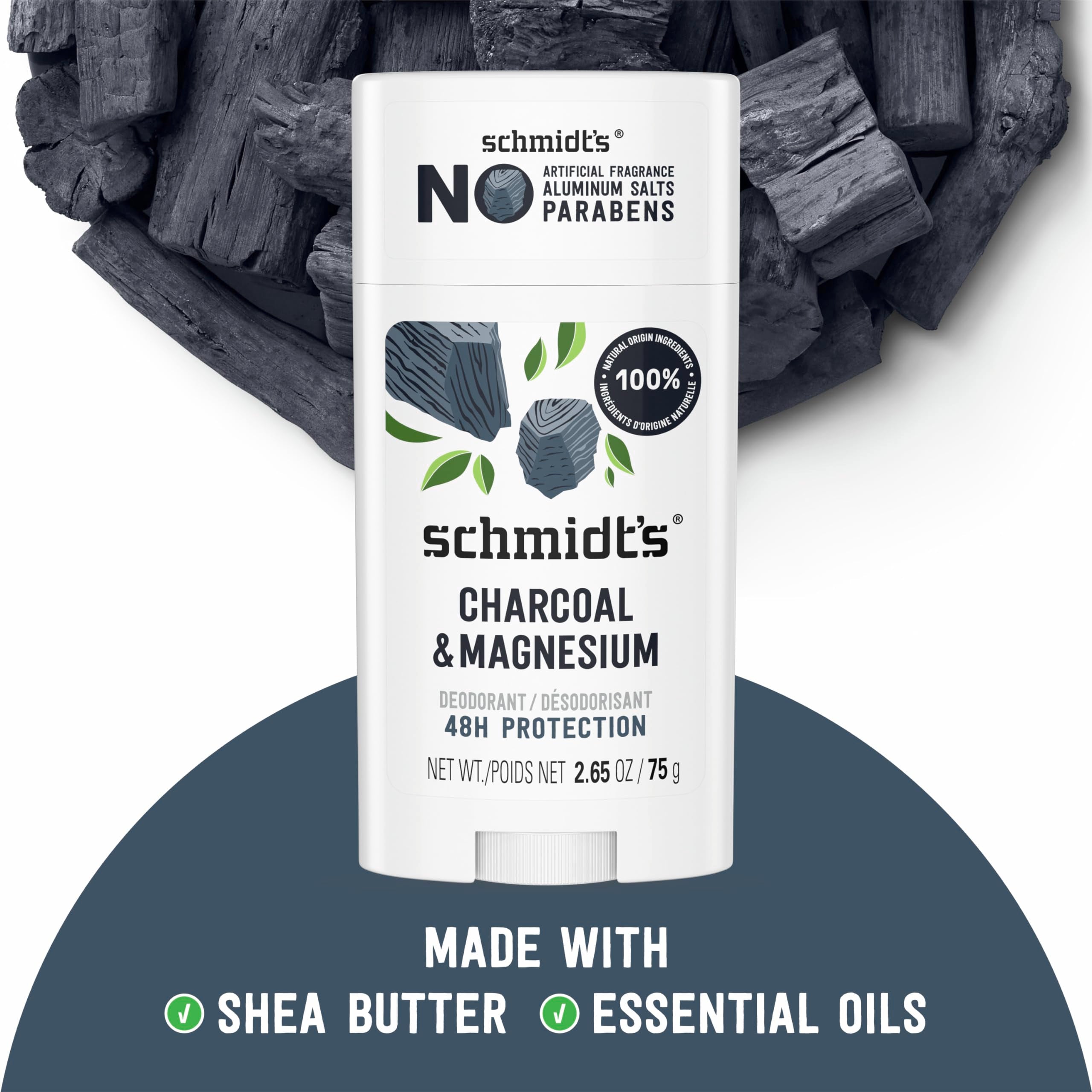 Schmidts Aluminum-Free Vegan Deodorant Charcoal & Magnesium with 48 Hour Odor Protection, for Women and Men, Natural Ingredient