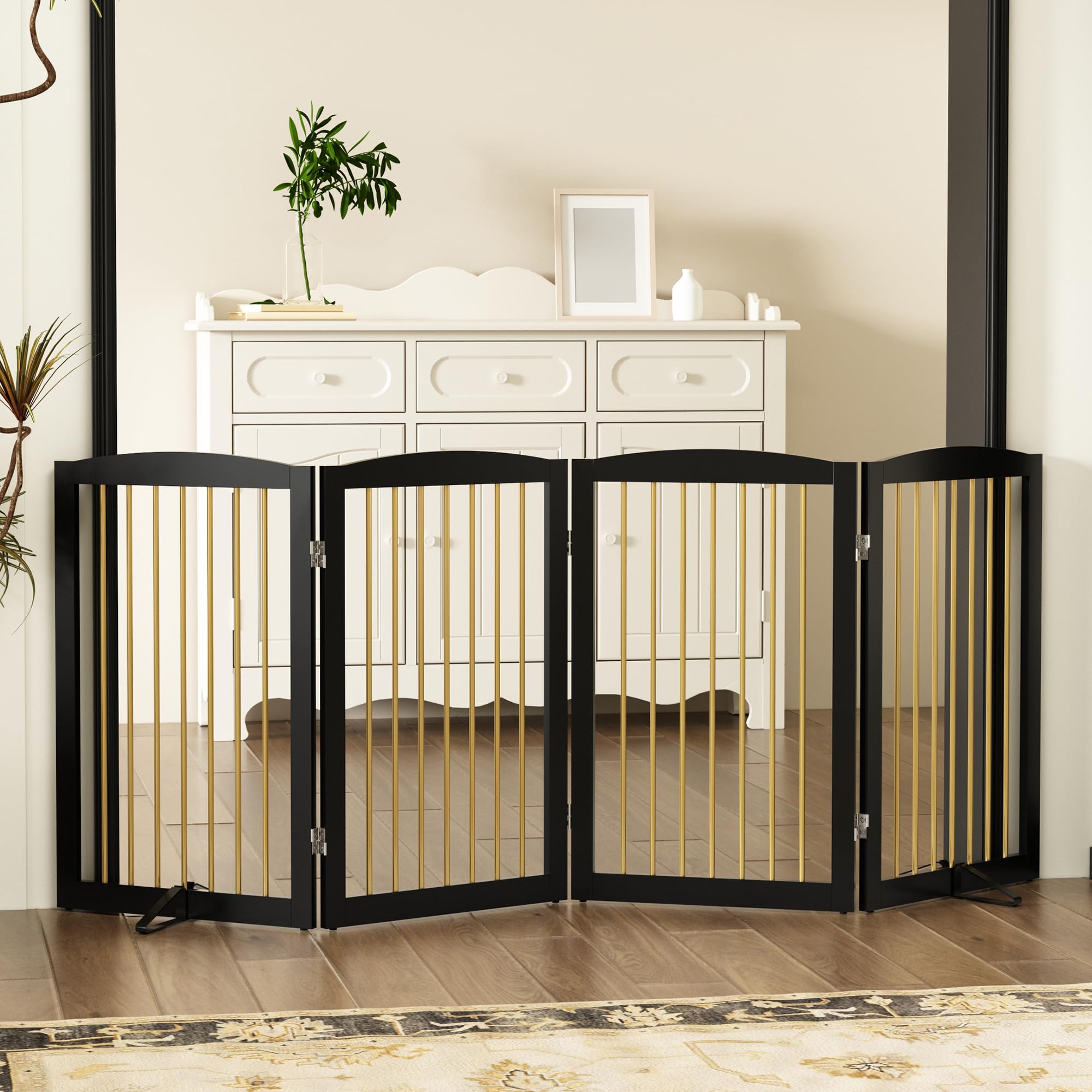 PUPETPO Freestanding Pet Gate for Dogs, Indoor Wooden Dog Gate for House, Foldable Dog Gate for Doorway, Stair, Step Over Pet Pu