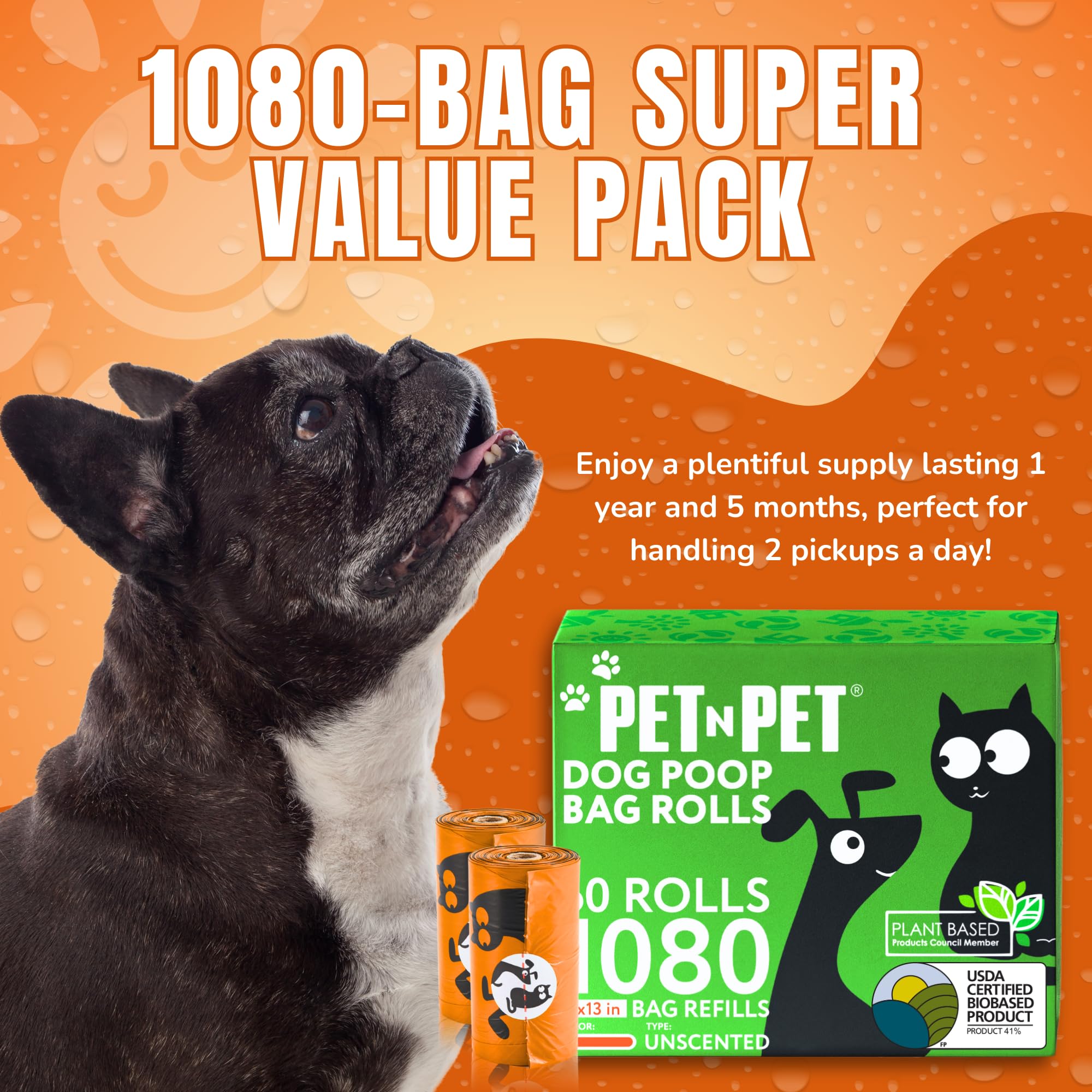 Pet N Pet 1080 Counts Orange Poop Bags For Dogs, 38% Plant Based & 62% Pe Extra Thick Dog Poop Bags Rolls, 9'' X 13'', Unscented
