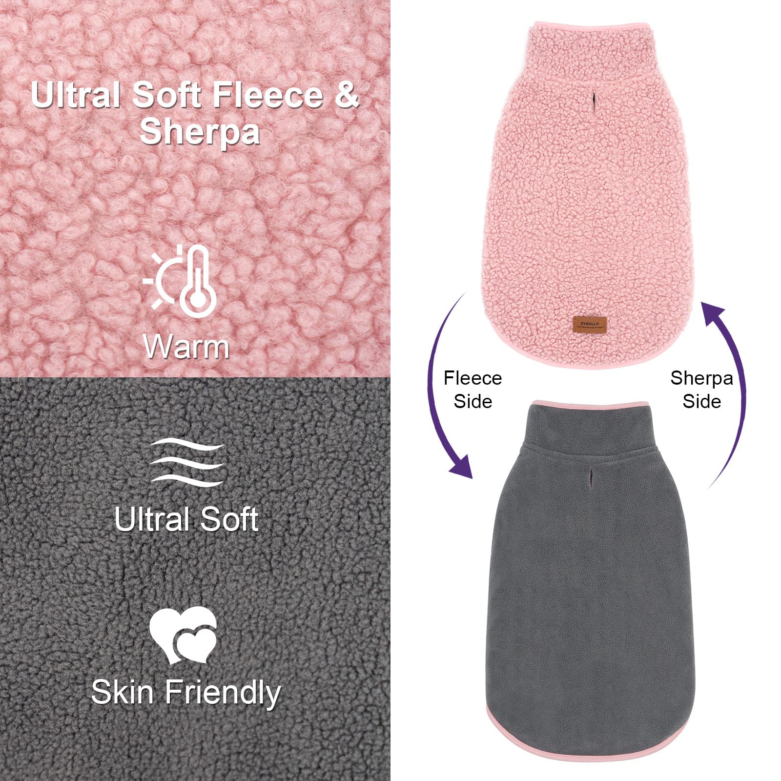 Cyeollo Dog Coat Sherpa Fleece Reversible Jacket Turtleneck Sweater Vest Thick Dog Jackets For Winter Warm Clothes Cold Weather Coats For Small Dogs Pink Apparel