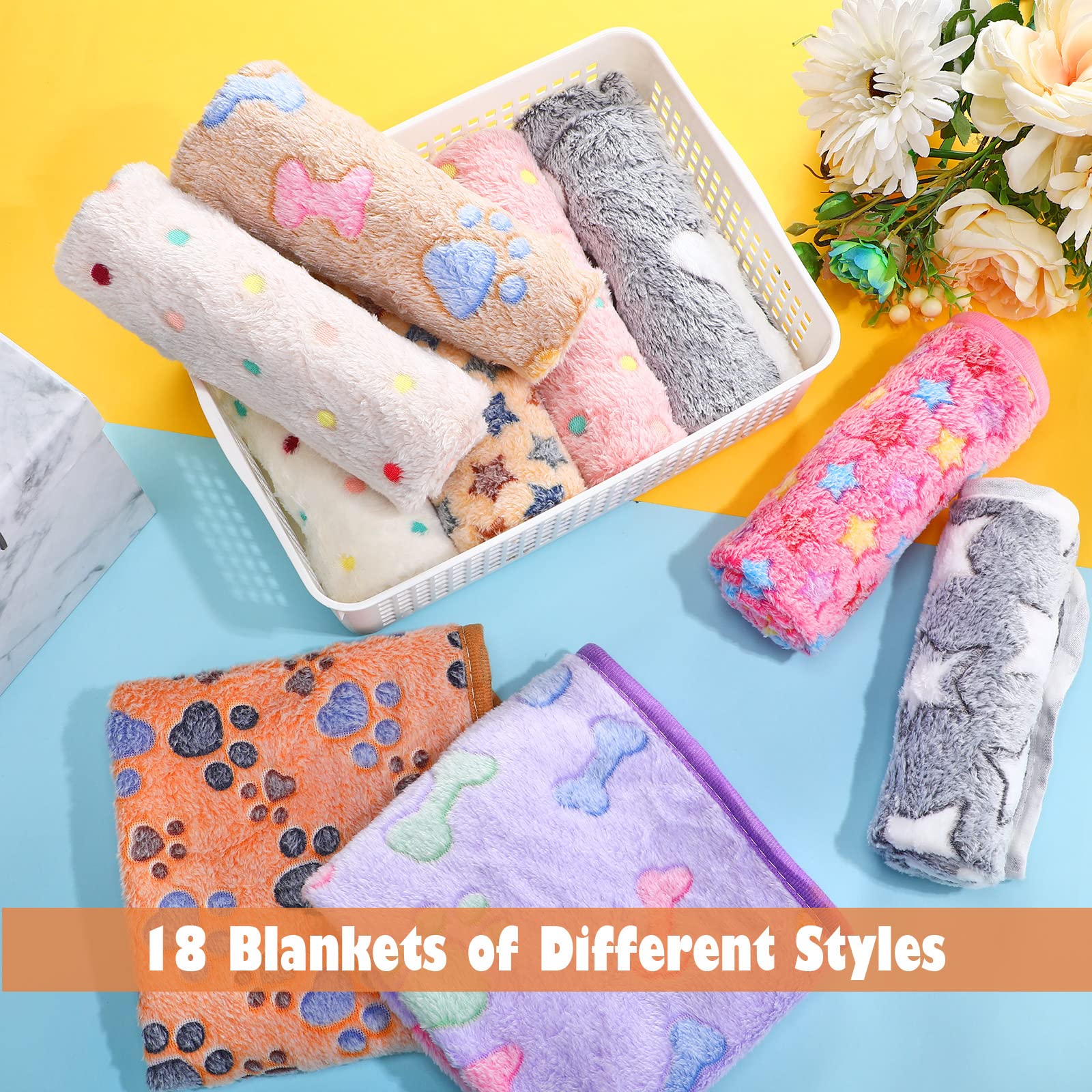 Chumia 18 Pcs Fleece Pet Blanket Soft Warm Sleep Mat Fluffy Cute Puppy Supplies Paw Bone Star Elephant Dot Heart Print Design Be