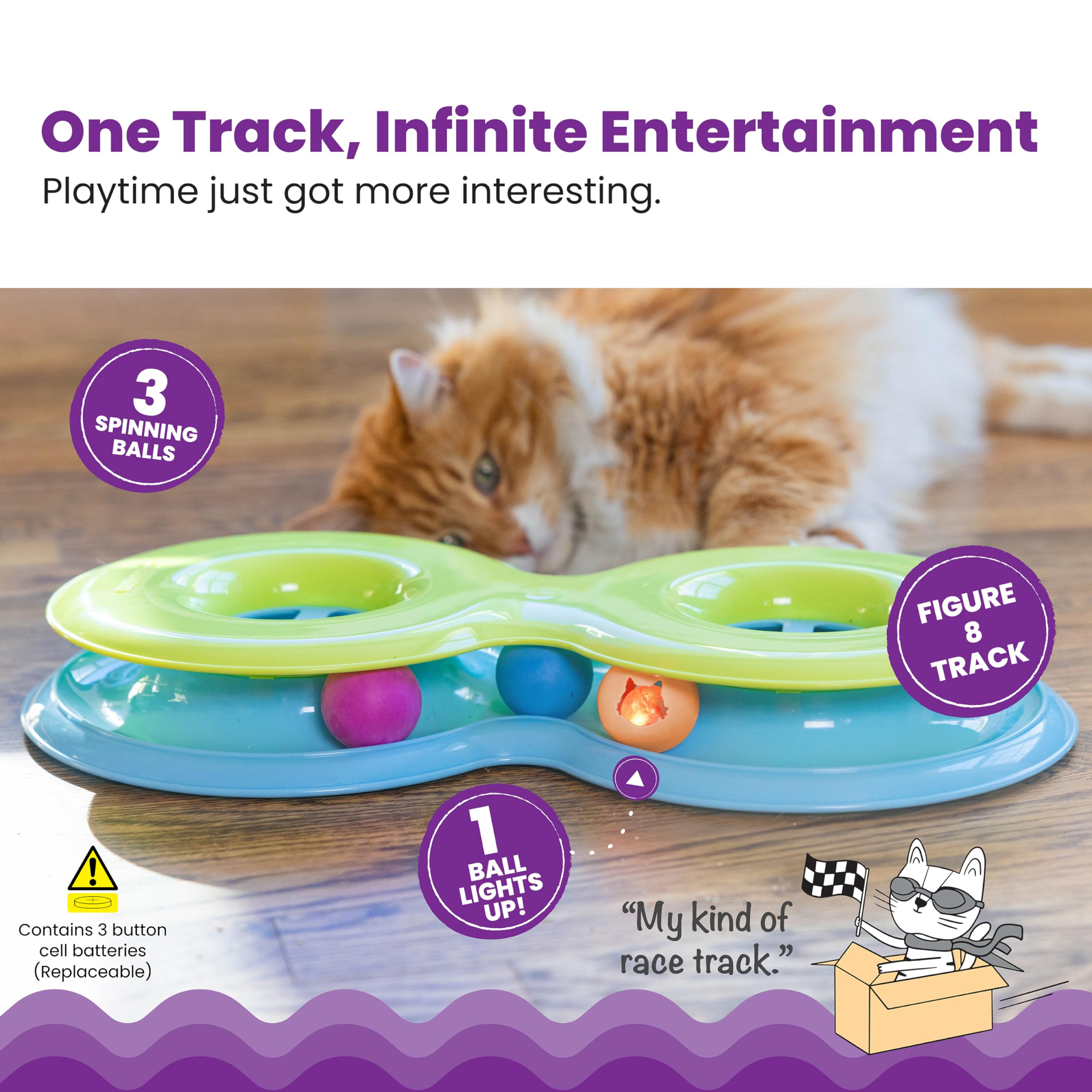 Catstages Infinity Ball Track For Cats With Two Balls, Including One Light-Up-Ball, Figure-8 Shaped Track Compatible Topper Toys