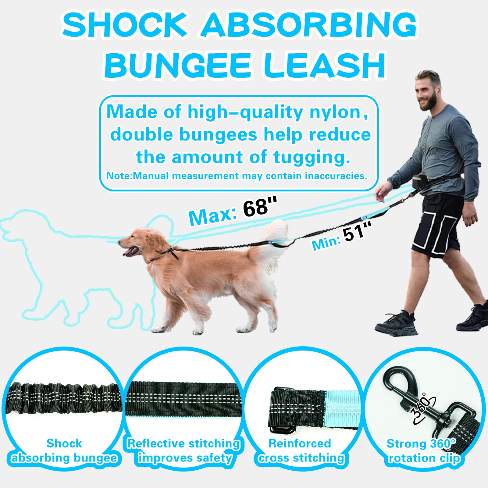 GREGCE Hands Free Dog Leash with Zipper Pouch, Dual Padded Handles Running Leash for Medium and Large Dog, Retractable Bungee Wa