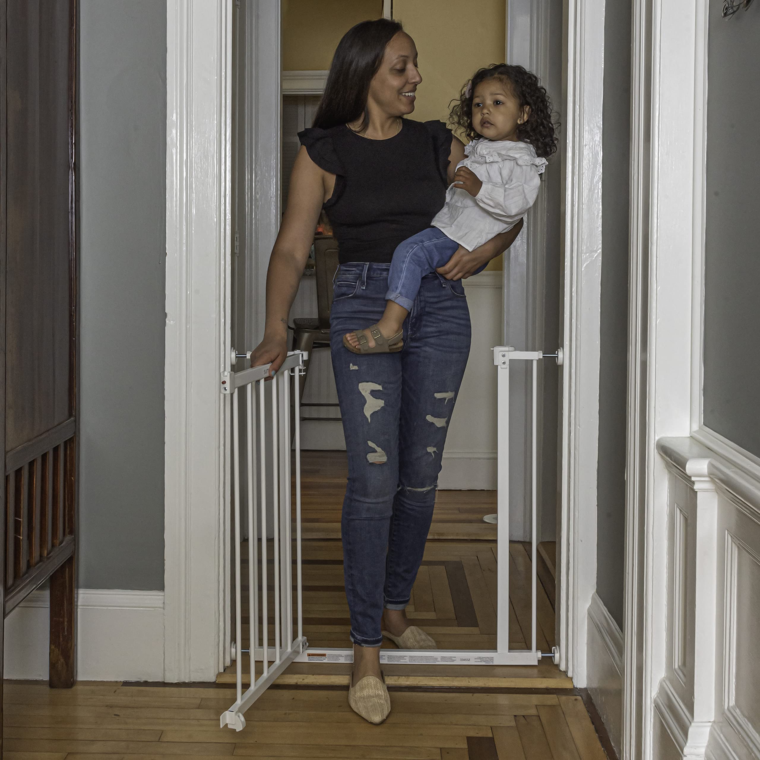 Summer Infant Everywhere Extra Wide Walk-Thru Safety Pet And Baby Gate, 28.75' - 39.75' Wide, 30' Tall, Pressure Or Hardware Mounted, Install In-Between Rooms, Doorways & Stairways - White Metal
