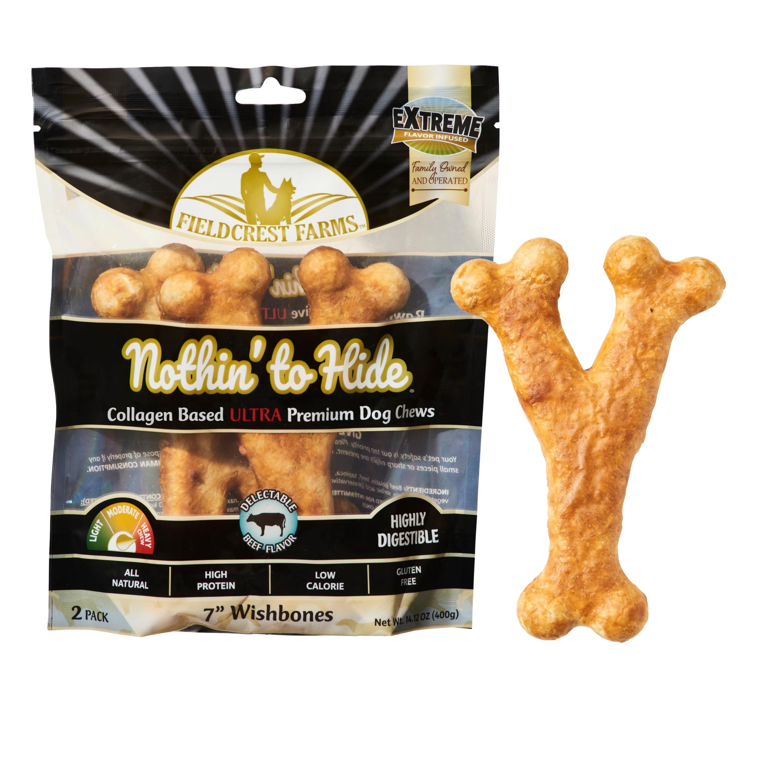 Fieldcrest Farms Nothin to Hide Collagen-Based Dog Chews, Wishbone, Beef Flavor, Ultra-Premium, for Dogs Over 50lbs, Easily Dig
