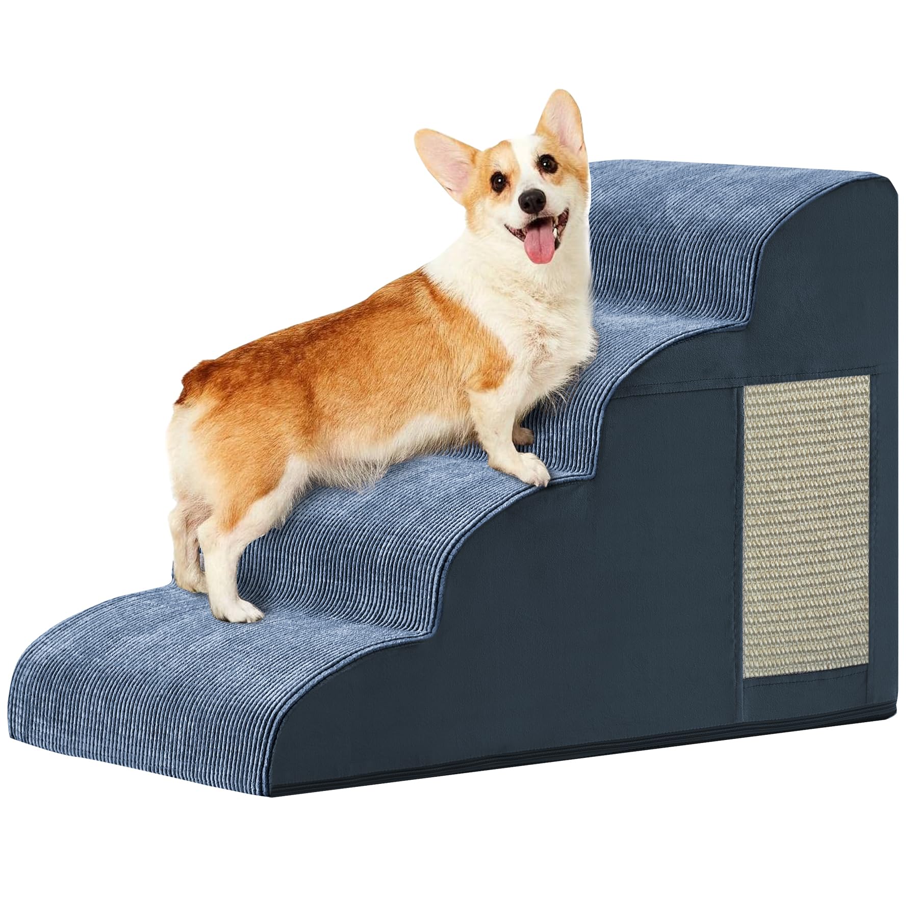 Navy Portable Pet Steps - 4-Step Dog & Cat Ramp For Bed, Couch, Sofa & Chairs - Non-Slip, High Density Foam