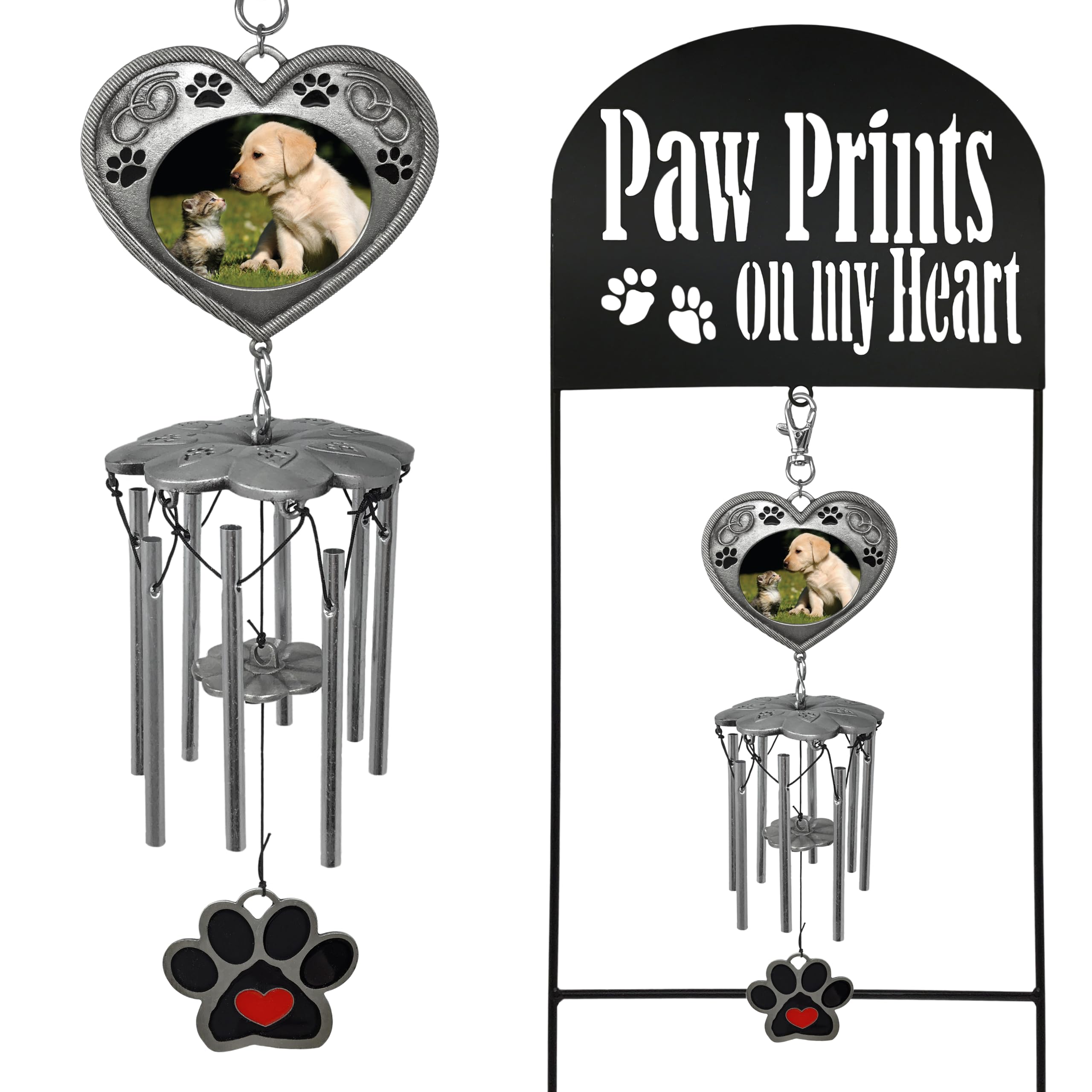 Pet Memorial Marker With Wind Chimes And Photo Frame- Black Wrought Iron Garden Stake And Windchime - Paw Prints On My Heart - Dog Or Cat Memorial Gift - Pet Sympathy Gifts
