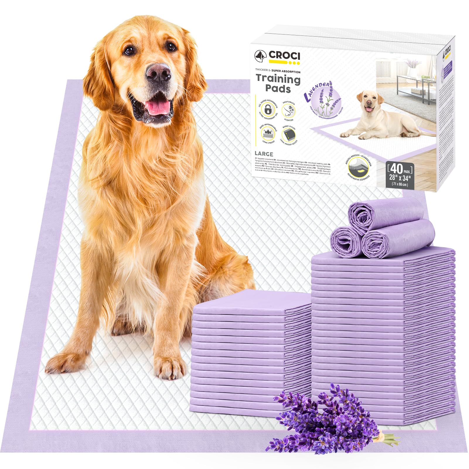 CROCI Dog Pads Lavender Scented 28x34in Large Pee Pads for Dogs with Odor Eliminating Puppy Pads Thicken Super Absorbent Up to 8