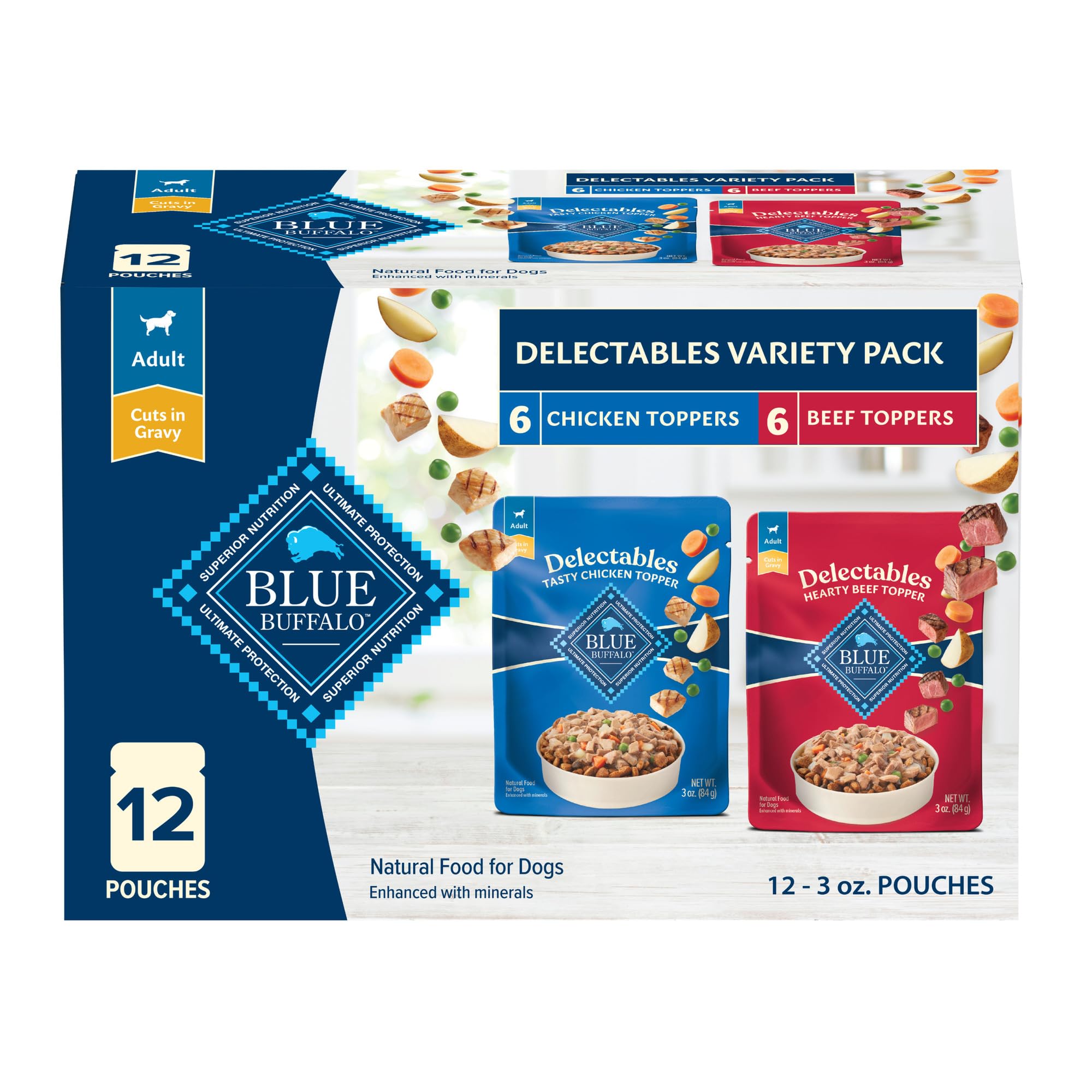 Blue Buffalo Delectables Natural Wet Dog Food Toppers Variety Pack, Tasty Chicken & Hearty Beef, Cuts in Gravy, 3-oz. (12 Pouche
