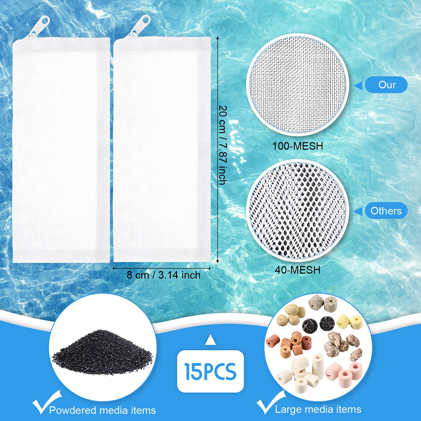 Geiserailie 15 Pieces Aquarium Filter Media Bags 150 Micrometer Fine Filter Bags Mesh Reusable With Zipper For Activated Carbon