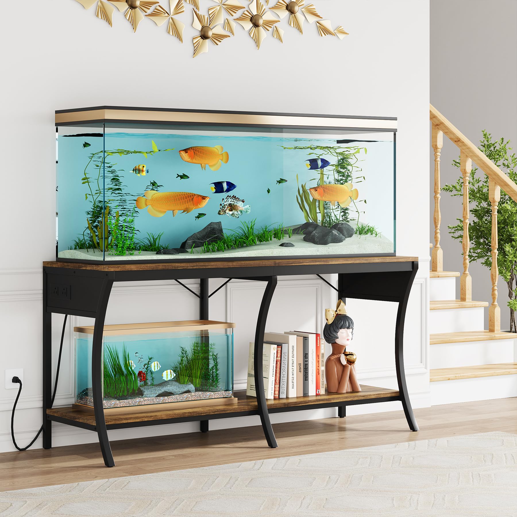 Condemo 55-90 Gallon Fish Tank Stand, 2-Tier Aquarium Stand with LED Light Strip and Power Outlets, Reptile Tank Stand with Meta